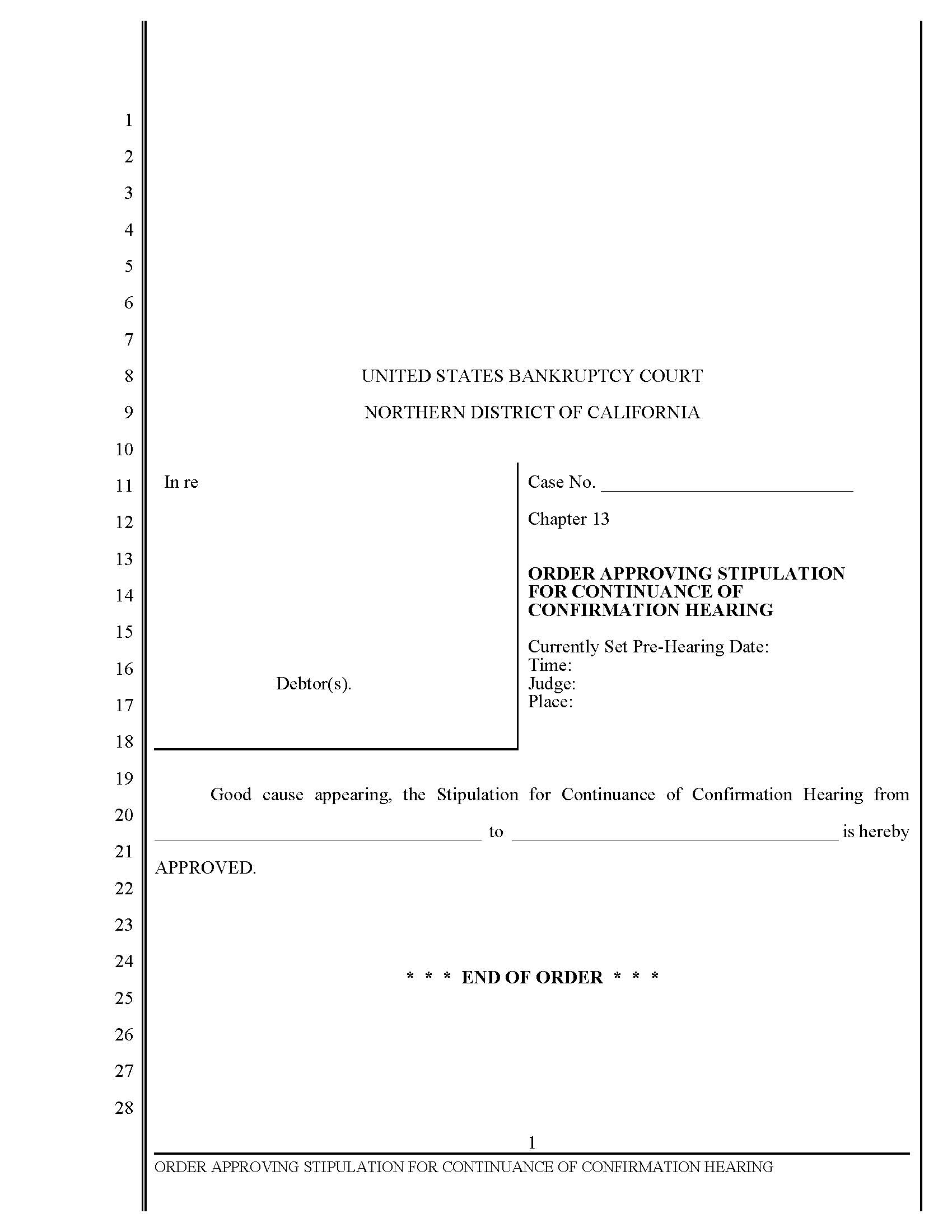 Order Approving Stipulation For Continuance Of Confirmation Hearing (San Jose) | Pdf Fpdf Docx | California