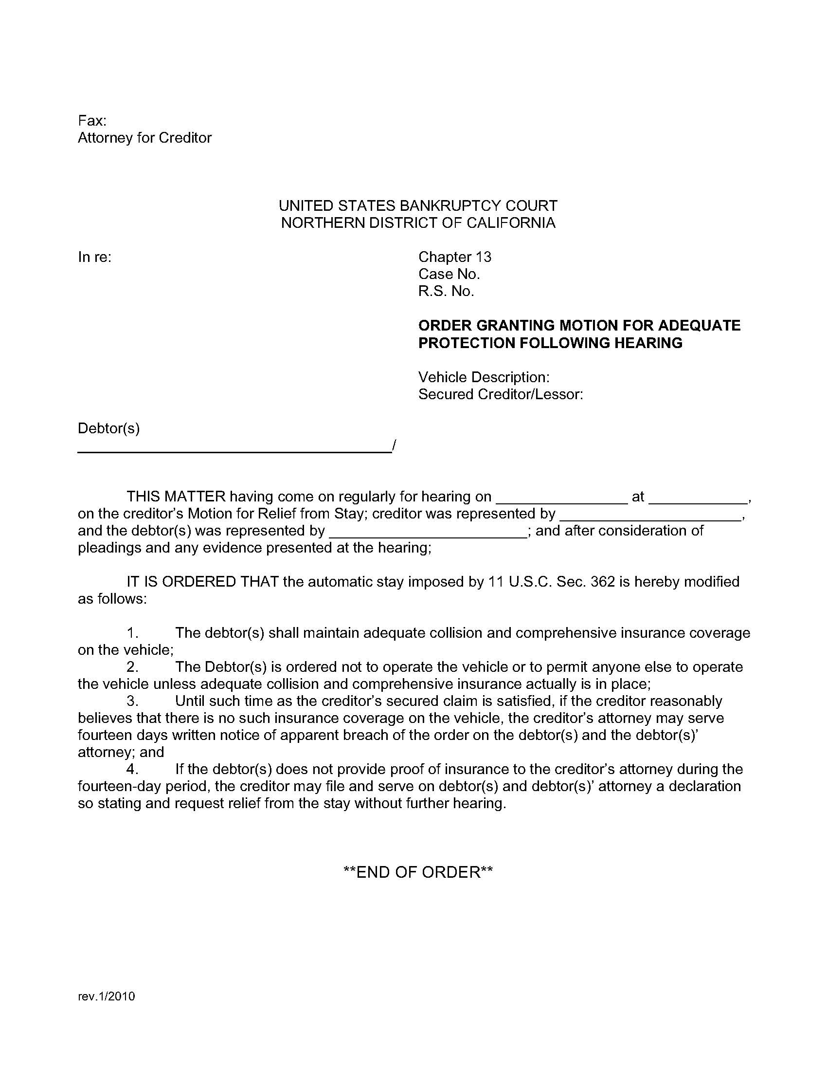 Order Granting Motion For Adequate Protection Following Hearing | Pdf Fpdf Docx | California