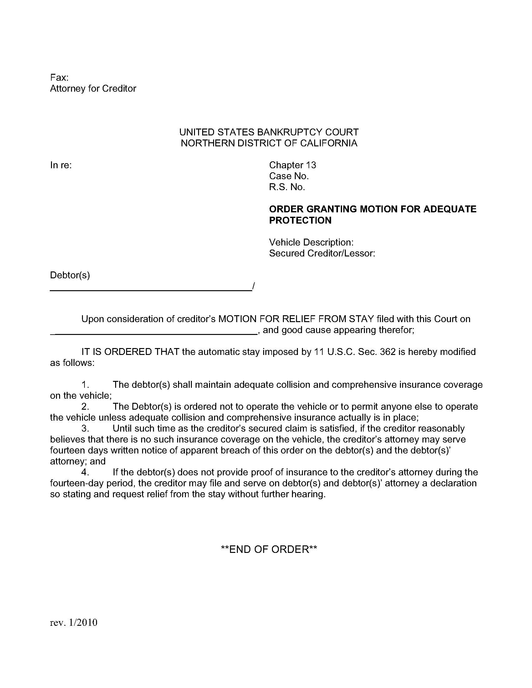 Order Granting Motion For Adequate Protection | Pdf Fpdf Docx | California