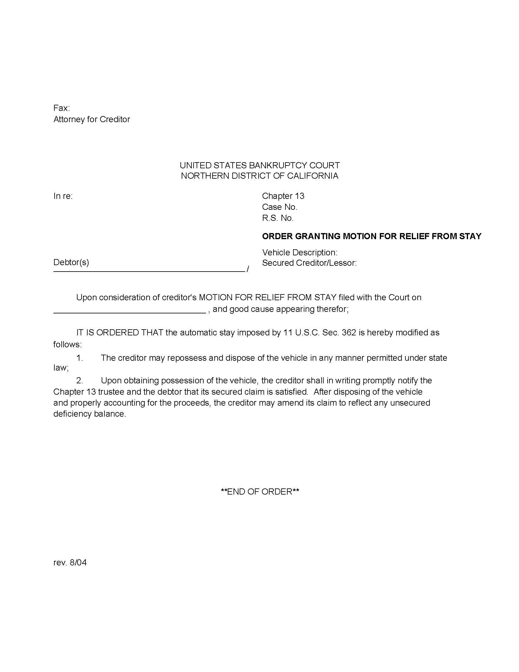 Order Granting Motion For Relief From Stay | Pdf Fpdf Docx | California