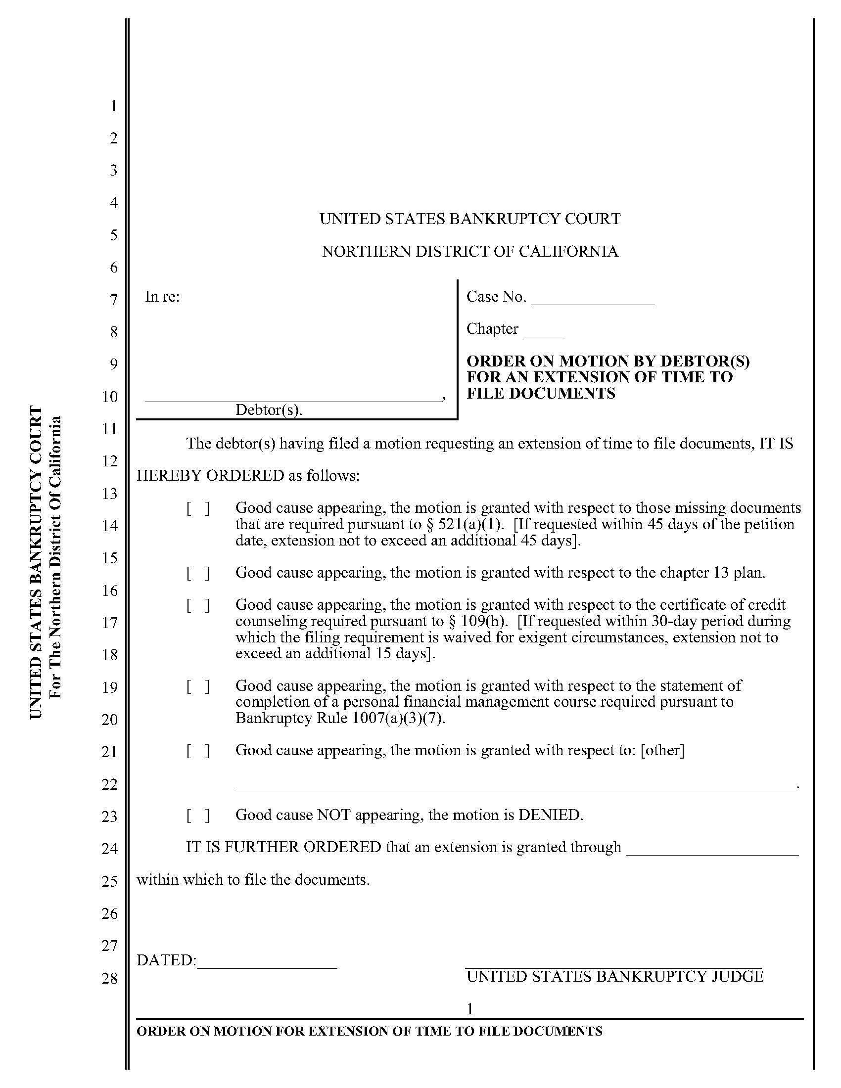 Order On Motion By Debtor(s) For An Extension Of Time To File Documents | Pdf Fpdf Docx | California