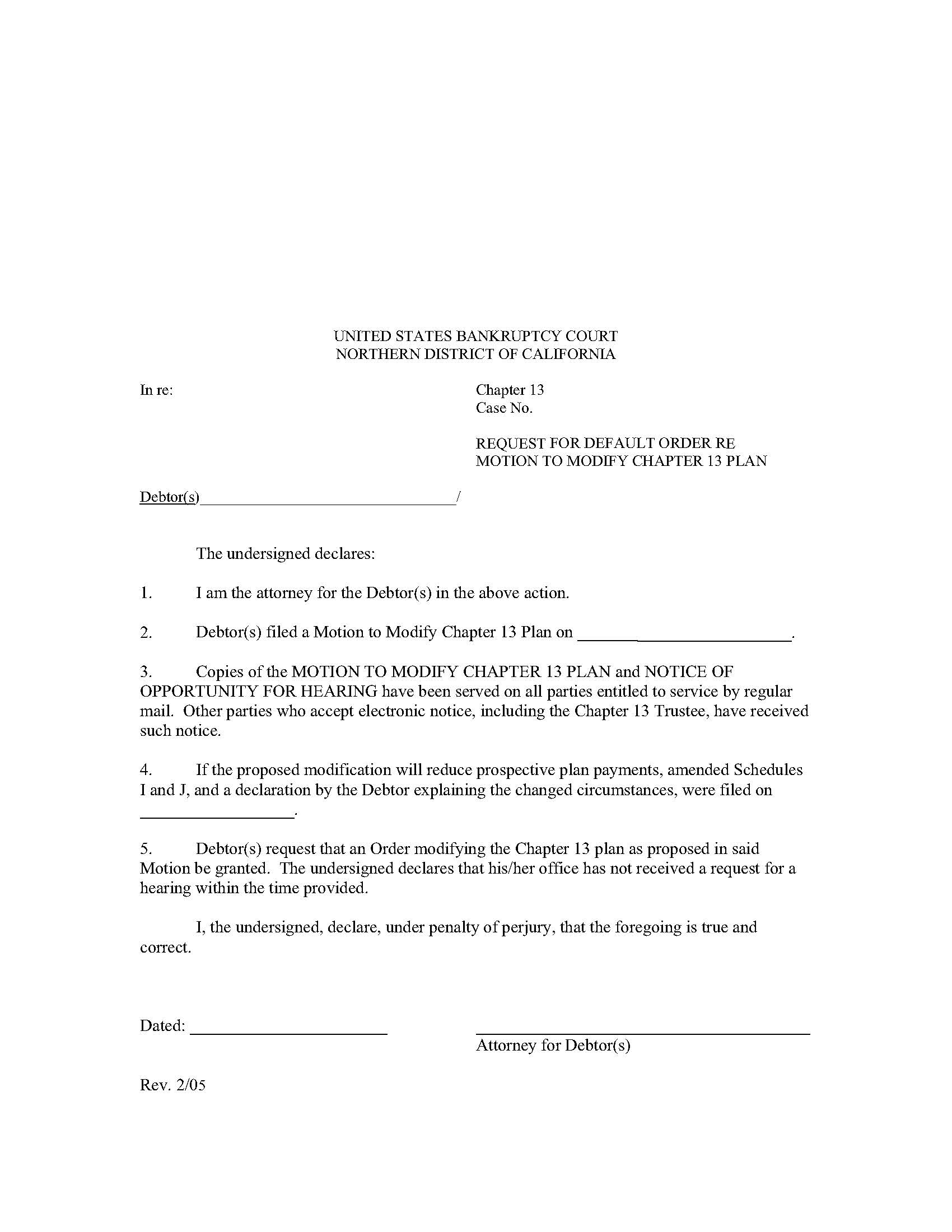 Request For Default Order Re Motion To Modify Chapter 13 Plan | Pdf Fpdf Docx | California
