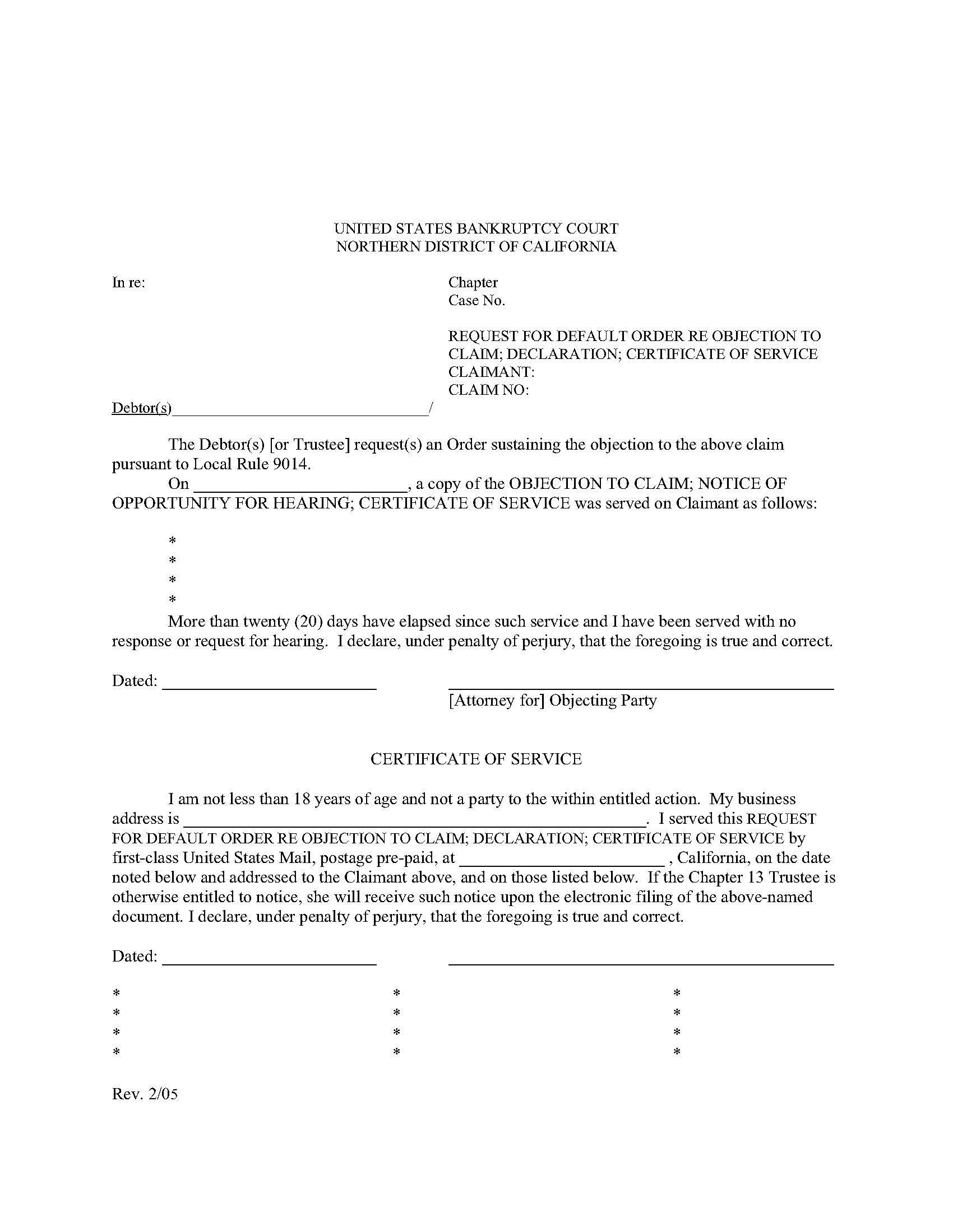 Request For Default Order Re Objection To Claim-Declaration-Certificate Of Service Claimant | Pdf Fpdf Docx | California