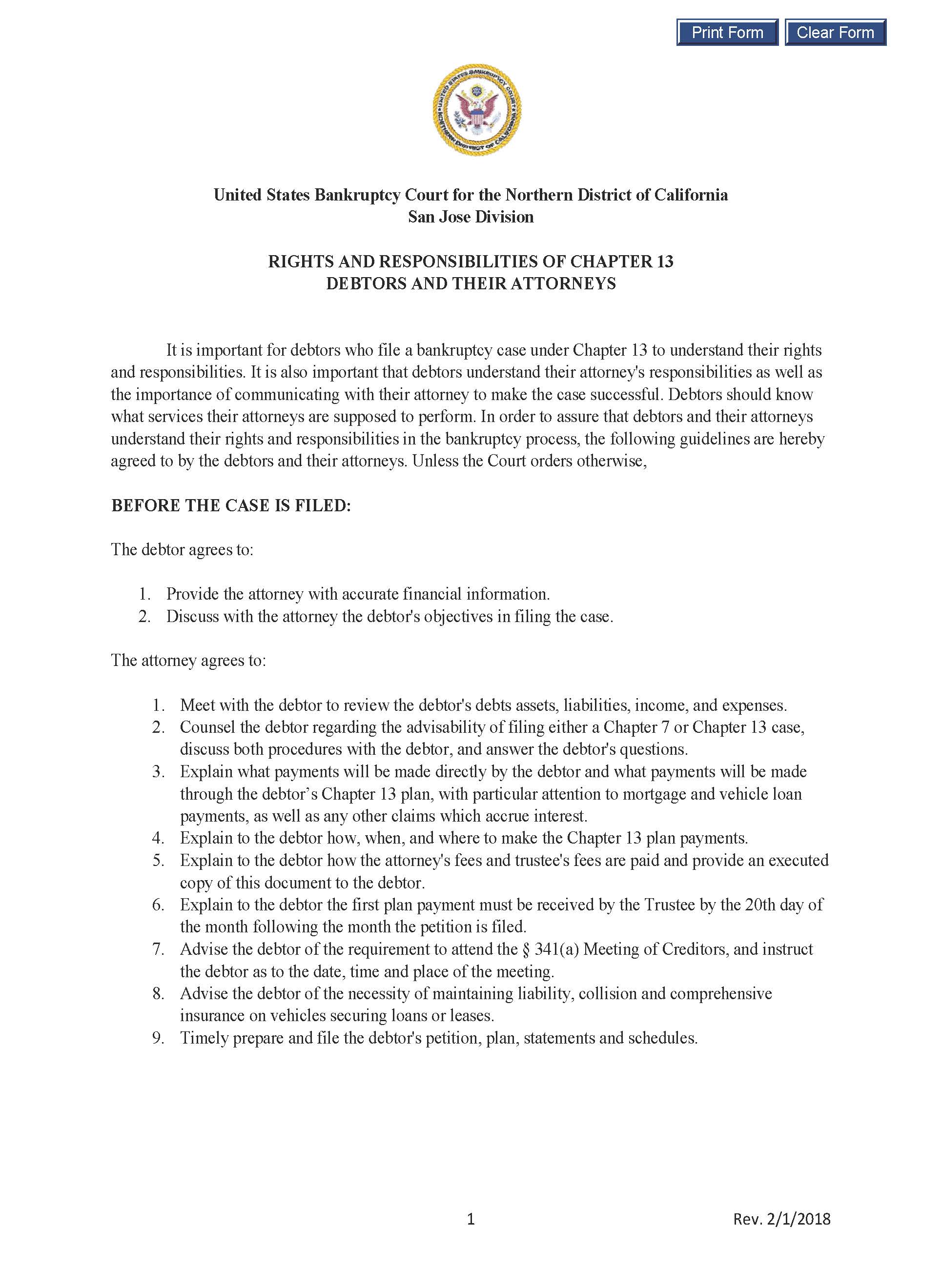 Rights And Responsibilities Of Chapter 13 Debtors And Their Attorneys (San Jose) | Pdf Fpdf Docx | California