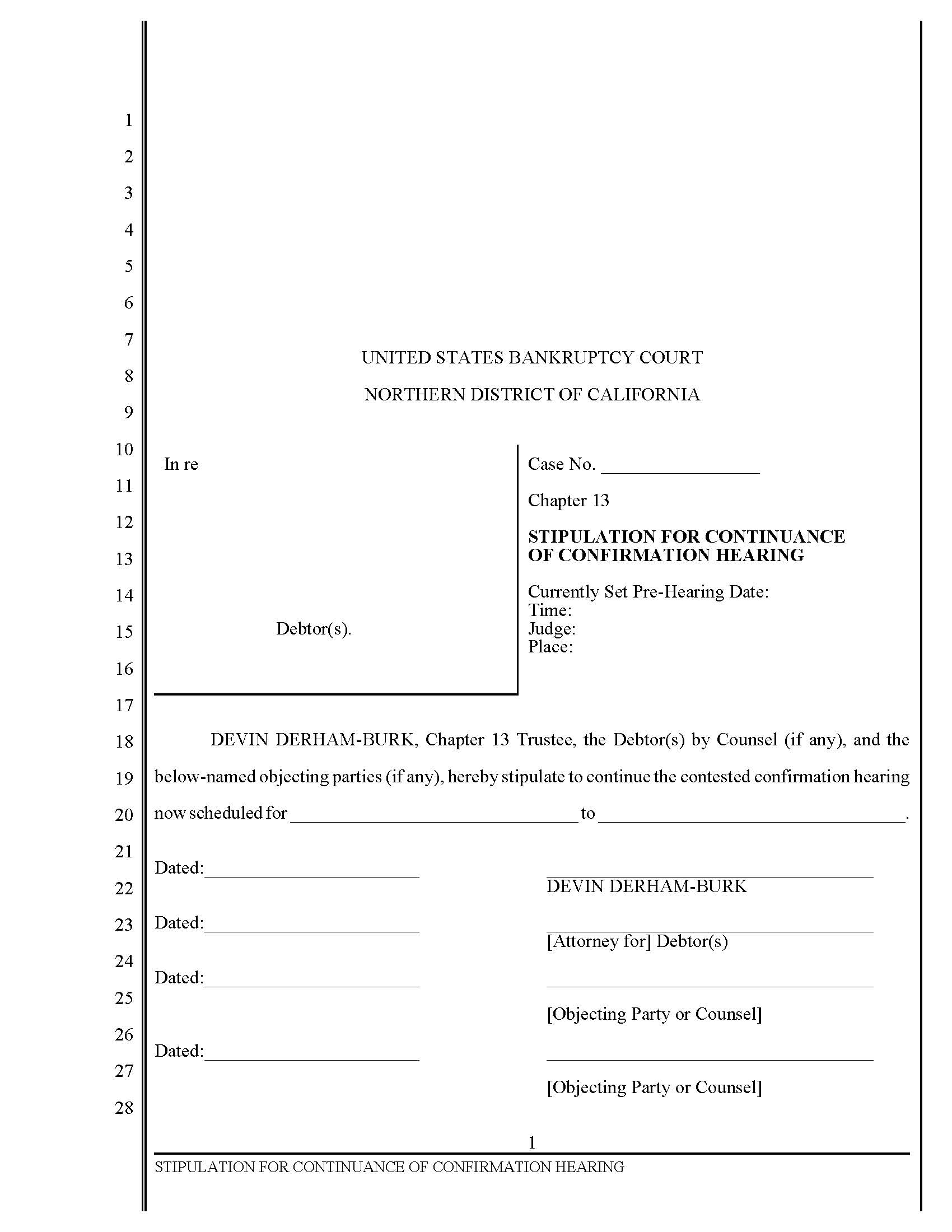 Stipulation For Continuance Of Confirmation Hearing Order | Pdf Fpdf Docx | California