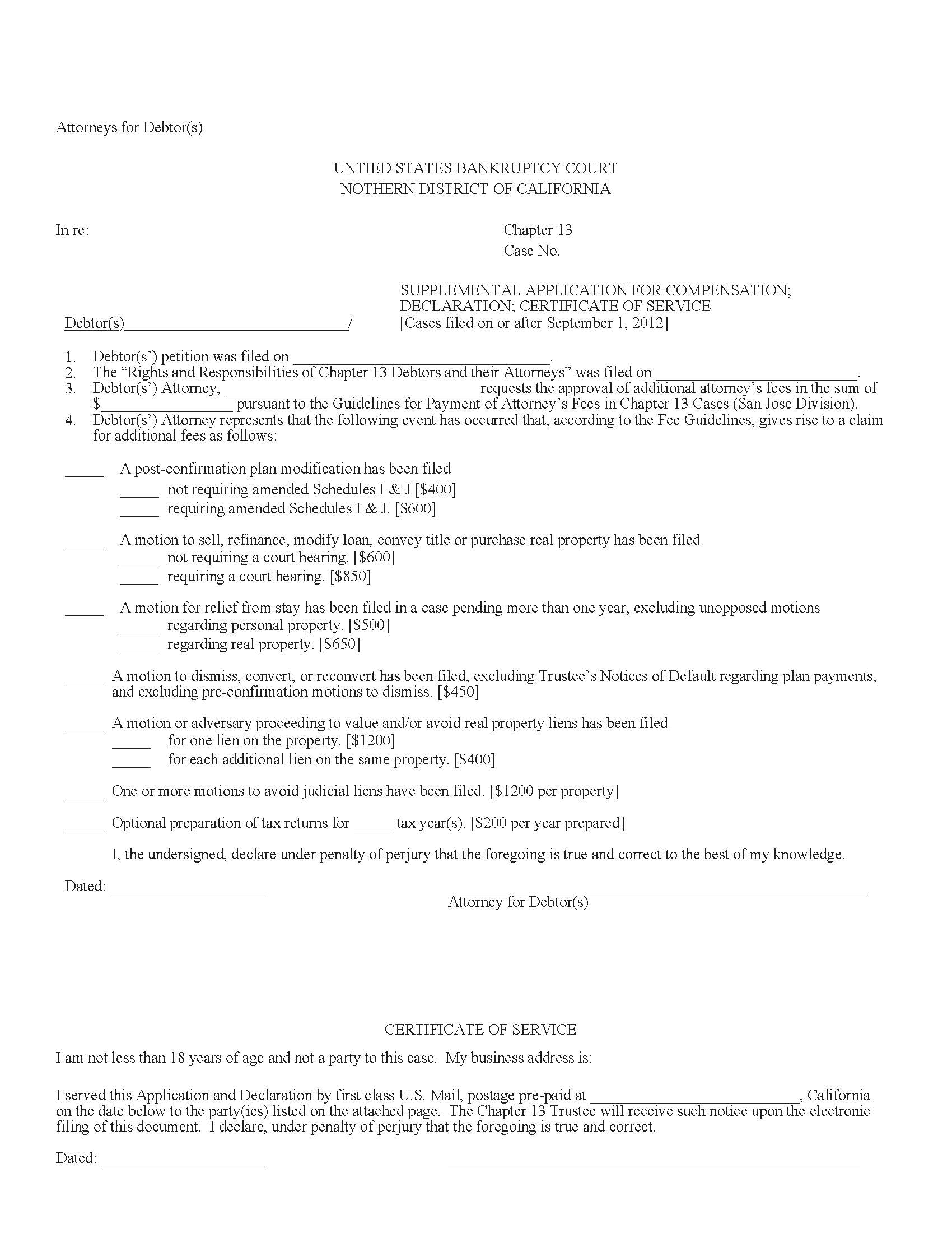 Supplemental Application For Compensation-Declaration-Certificate Of Service (Case Filed On Or After 9-1-12) | Pdf Fpdf Docx | California