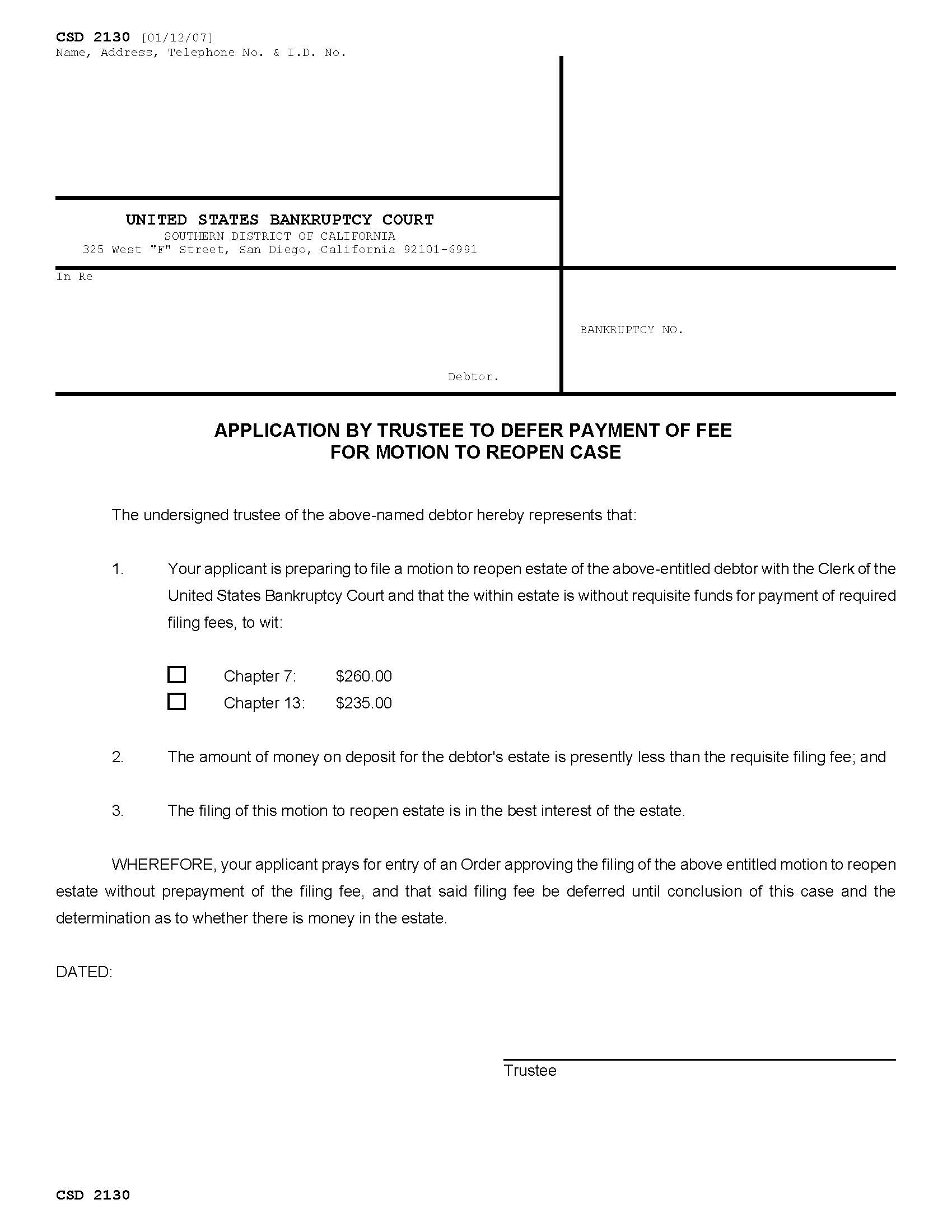 Application By Trustee To Defer Payment Of Fee For Motion To Reopen Case {CSD 2130} | Pdf Fpdf Doc Docx | California