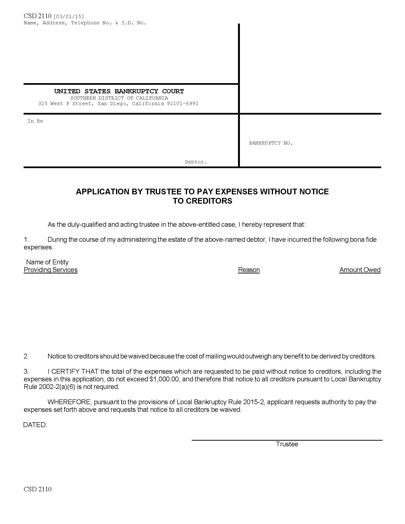 Application By Trustee To Pay Expenses Without Notice To Creditors {CSD 2110} | Pdf Fpdf Doc Docx | California