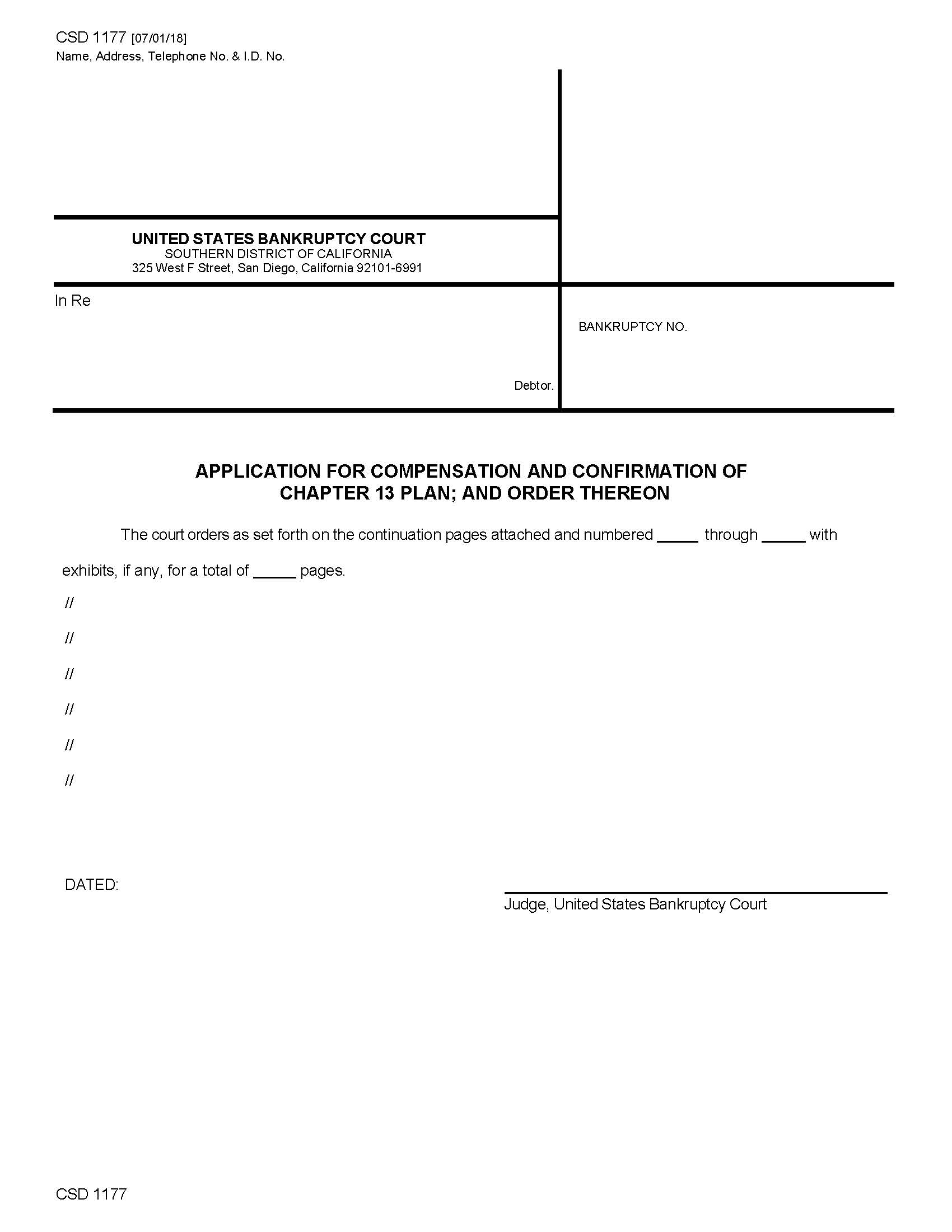 Application For Compensation And Confirmation Of Chapter 13 Plan {CSD 1177} | Pdf Fpdf Docx | California