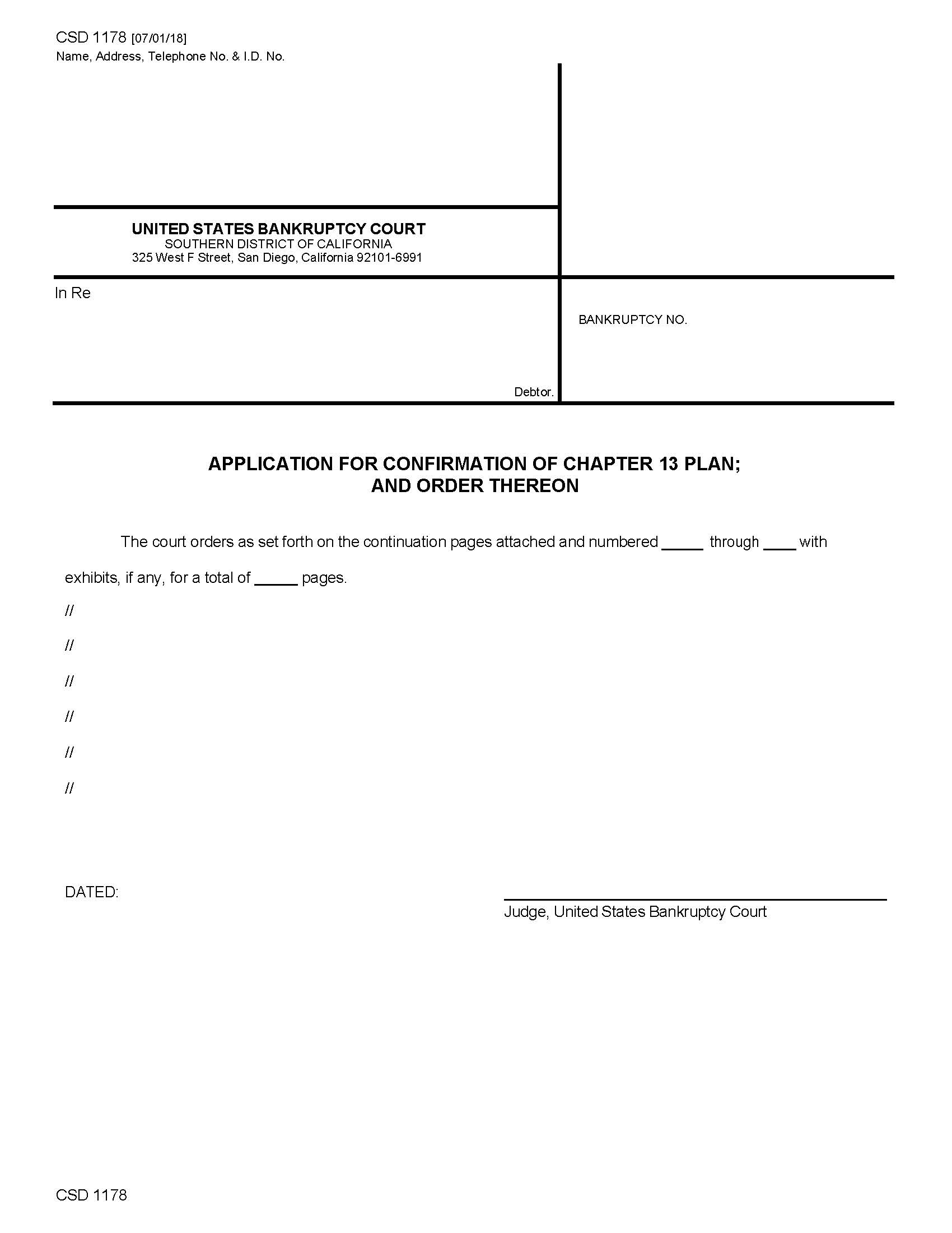 Application For Confirmation Of Chapter 13 Plan And Order Thereon {CSD 1178} | Pdf Fpdf Docx | California