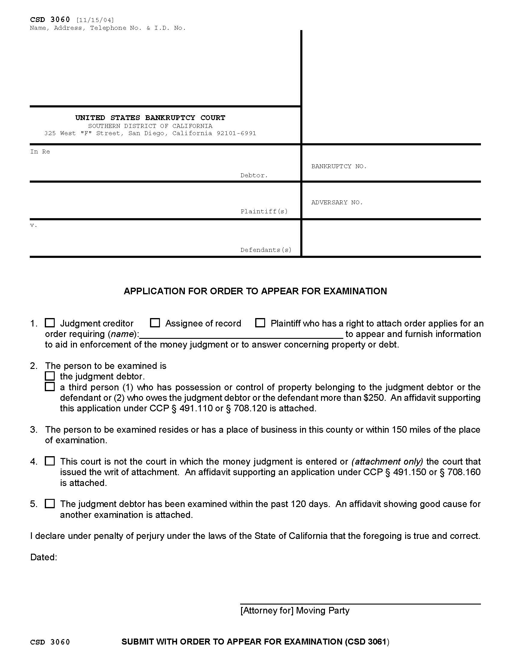 Application For Order To Appear For Examination {CSD 3060} | Pdf Fpdf Doc Docx | California