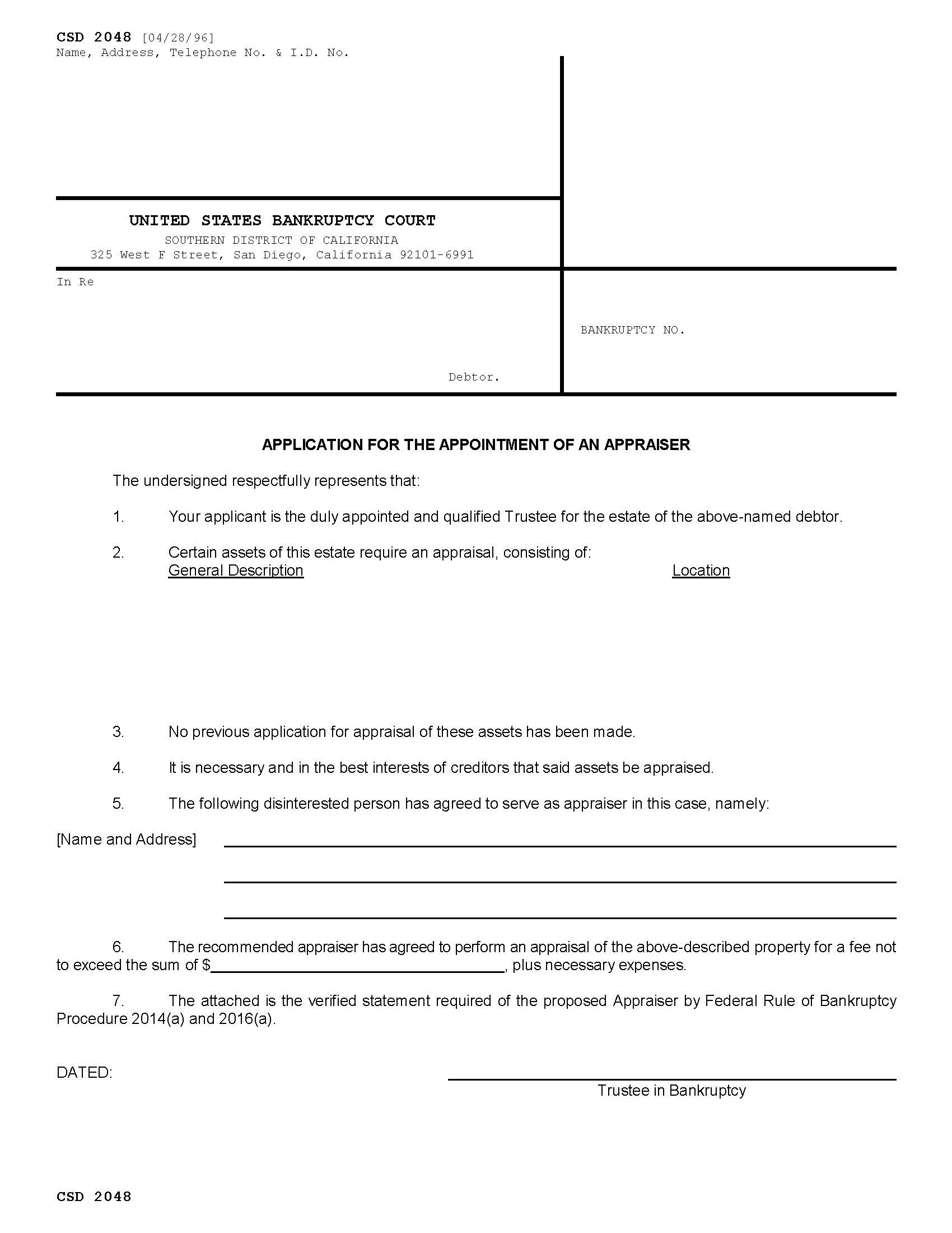 Application For The Appointment Of An Appraiser {CSD 2048} | Pdf Fpdf Doc Docx | California