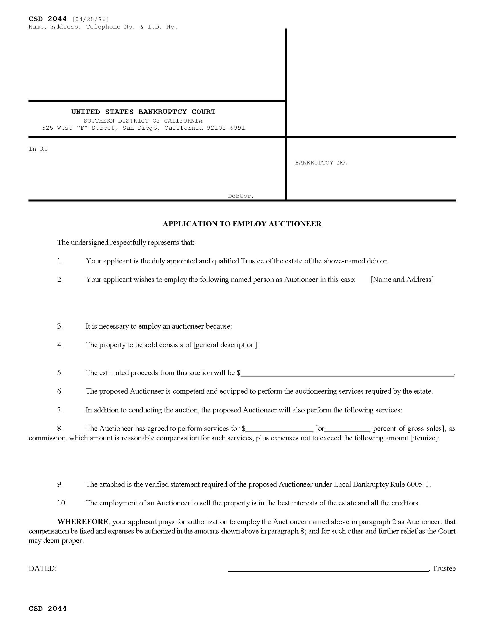 Application To Employ Auctioneer {CSD 2044} | Pdf Fpdf Doc Docx | California