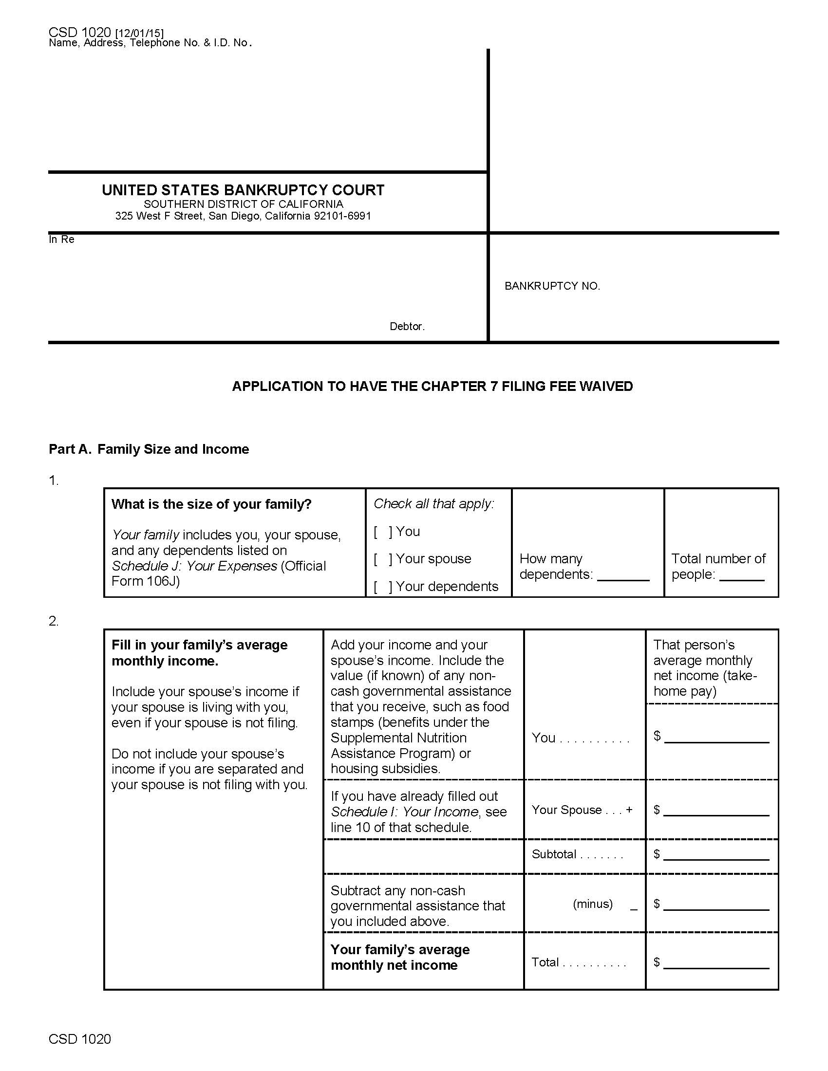 Application To Have Chapter 7 Filing Fee Waived {CSD 1020} | Pdf Fpdf Docx | California