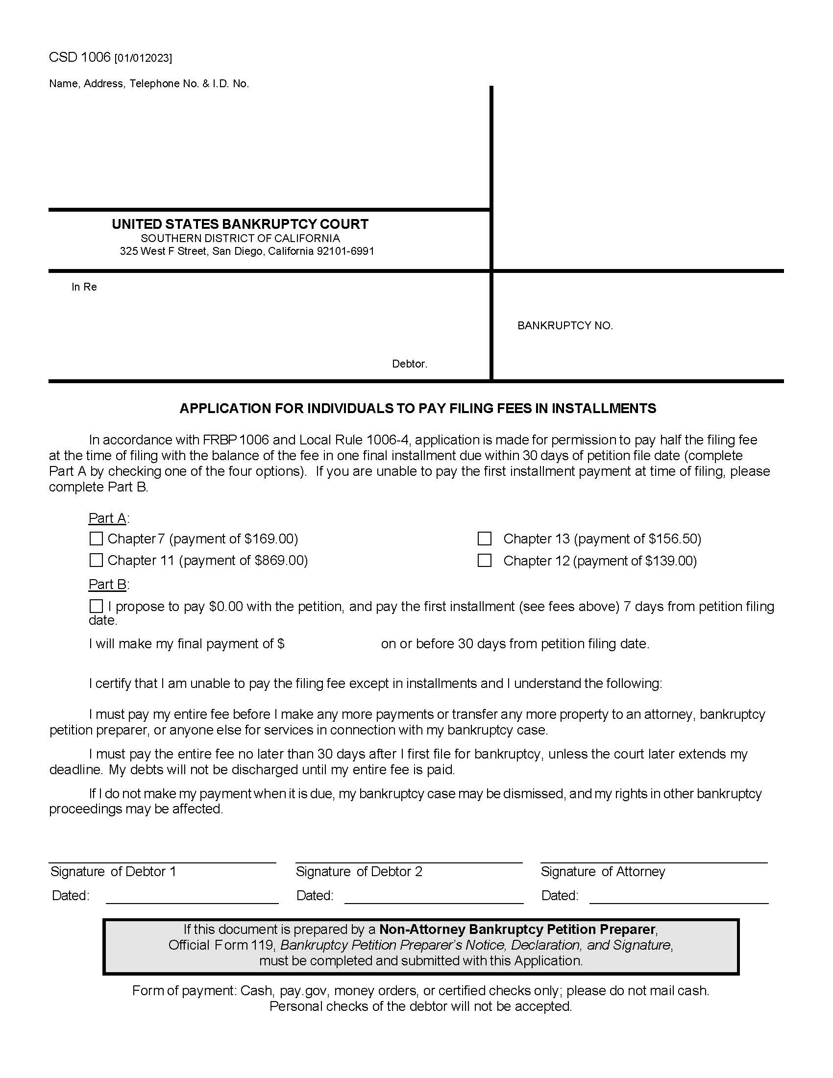 Application To Pay Filing Fees In Installments {CSD 1006} | Pdf Fpdf Doc Docx | California