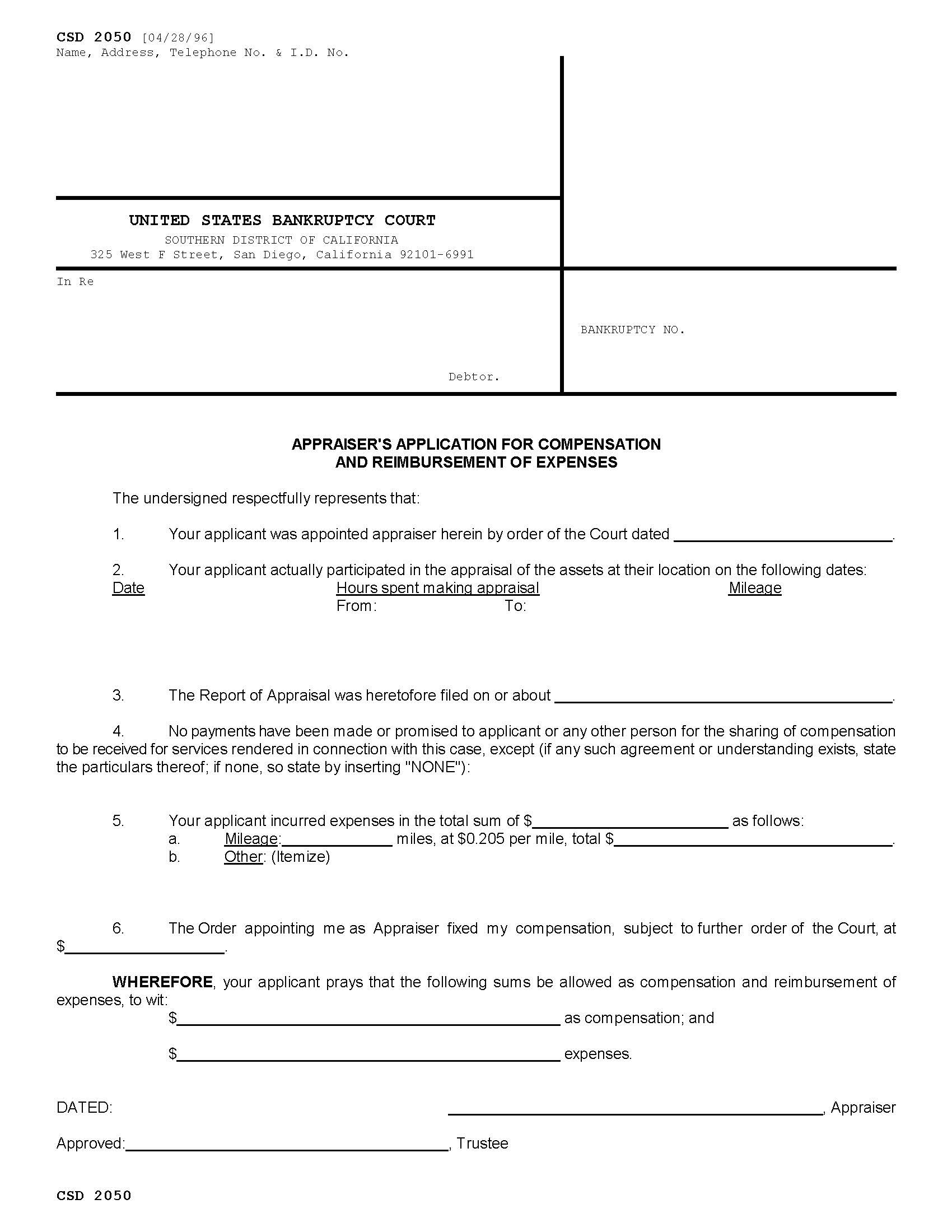 Appraiser's Application For Compensation And Reimbursement Of Expenses {CSD 2050} | Pdf Fpdf Doc Docx | California