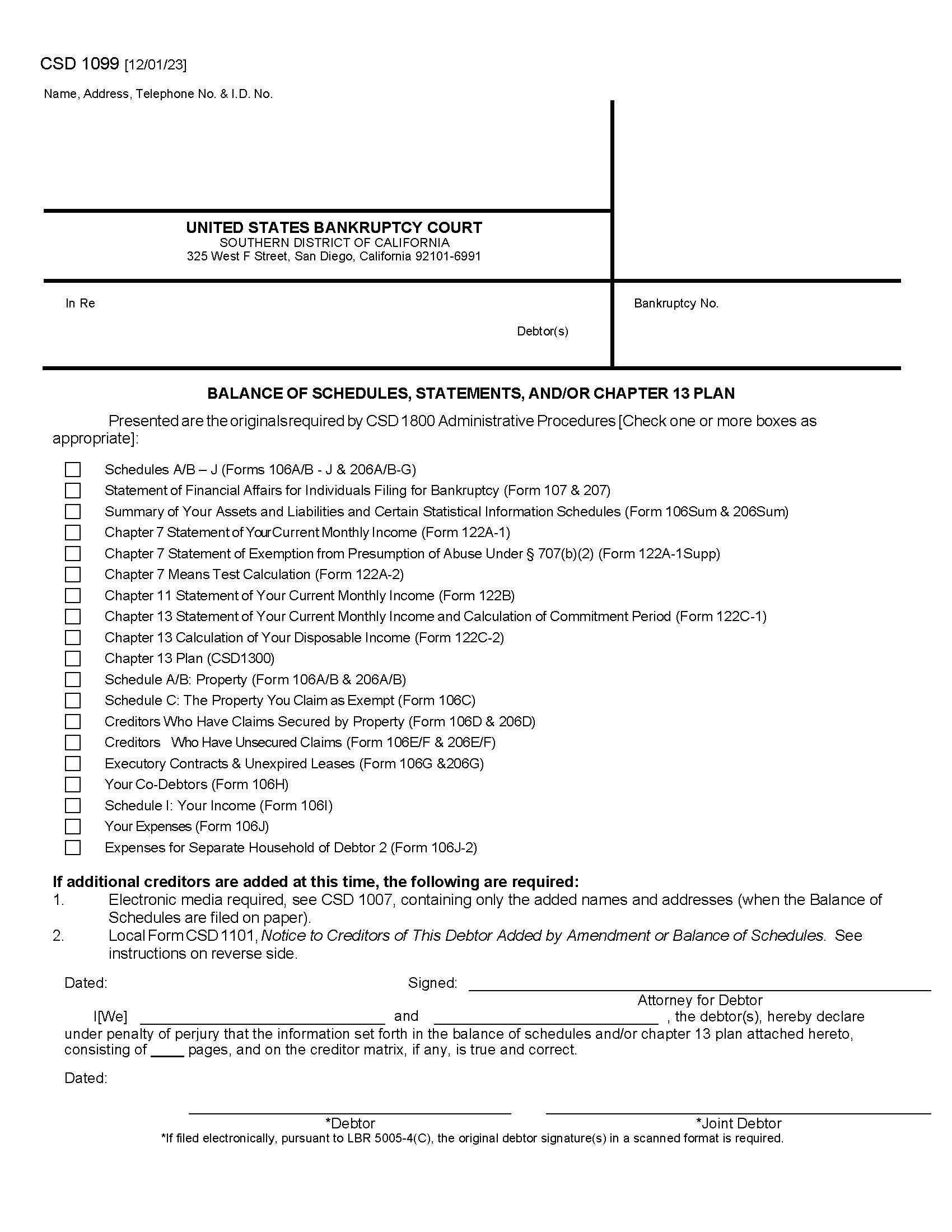 Balance Of Schedules Statements And Or Chapter 13 Plan {CSD 1099} | Pdf Fpdf Docx | California
