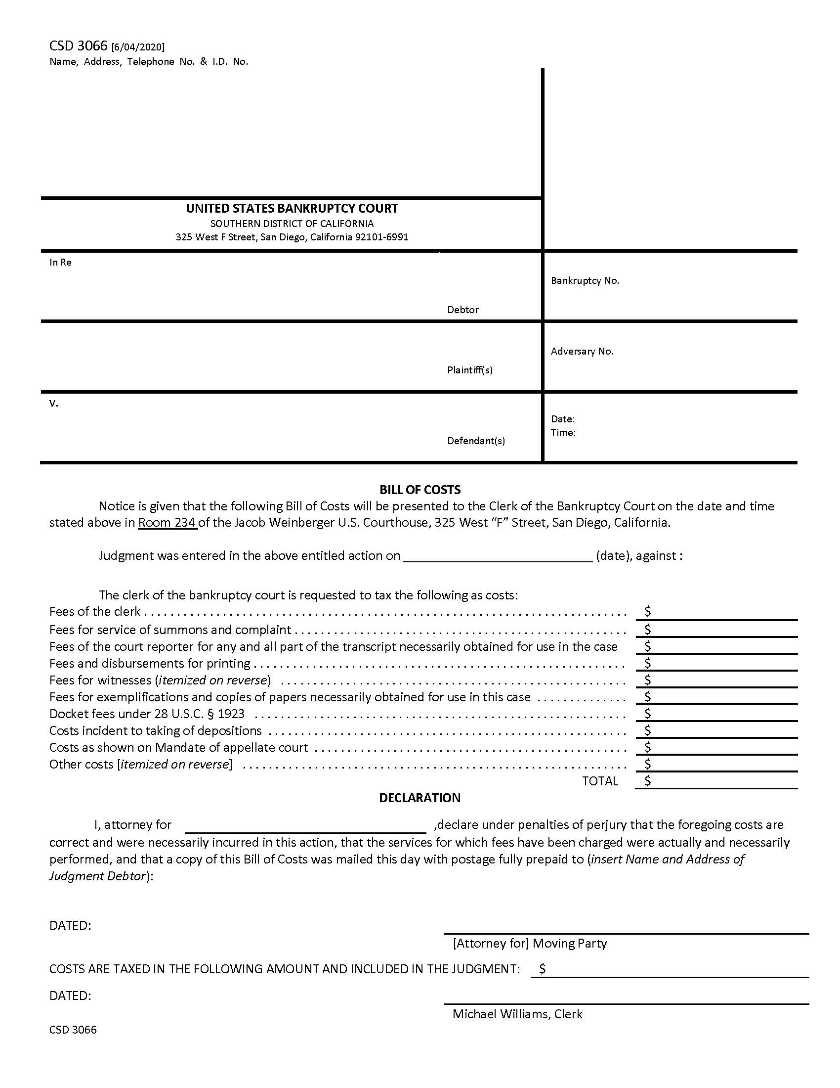 Bill Of Costs {CSD 3066} | Pdf Fpdf Doc Docx | California