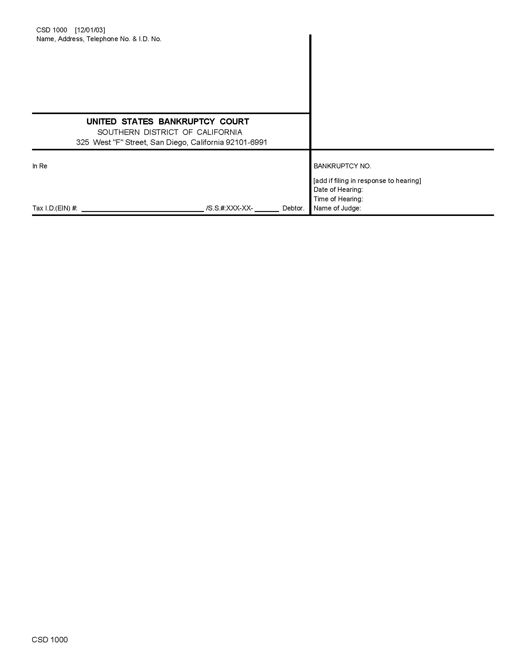 Caption For Bankruptcy Cases {CSD 1000} | Pdf Fpdf Doc Docx | California