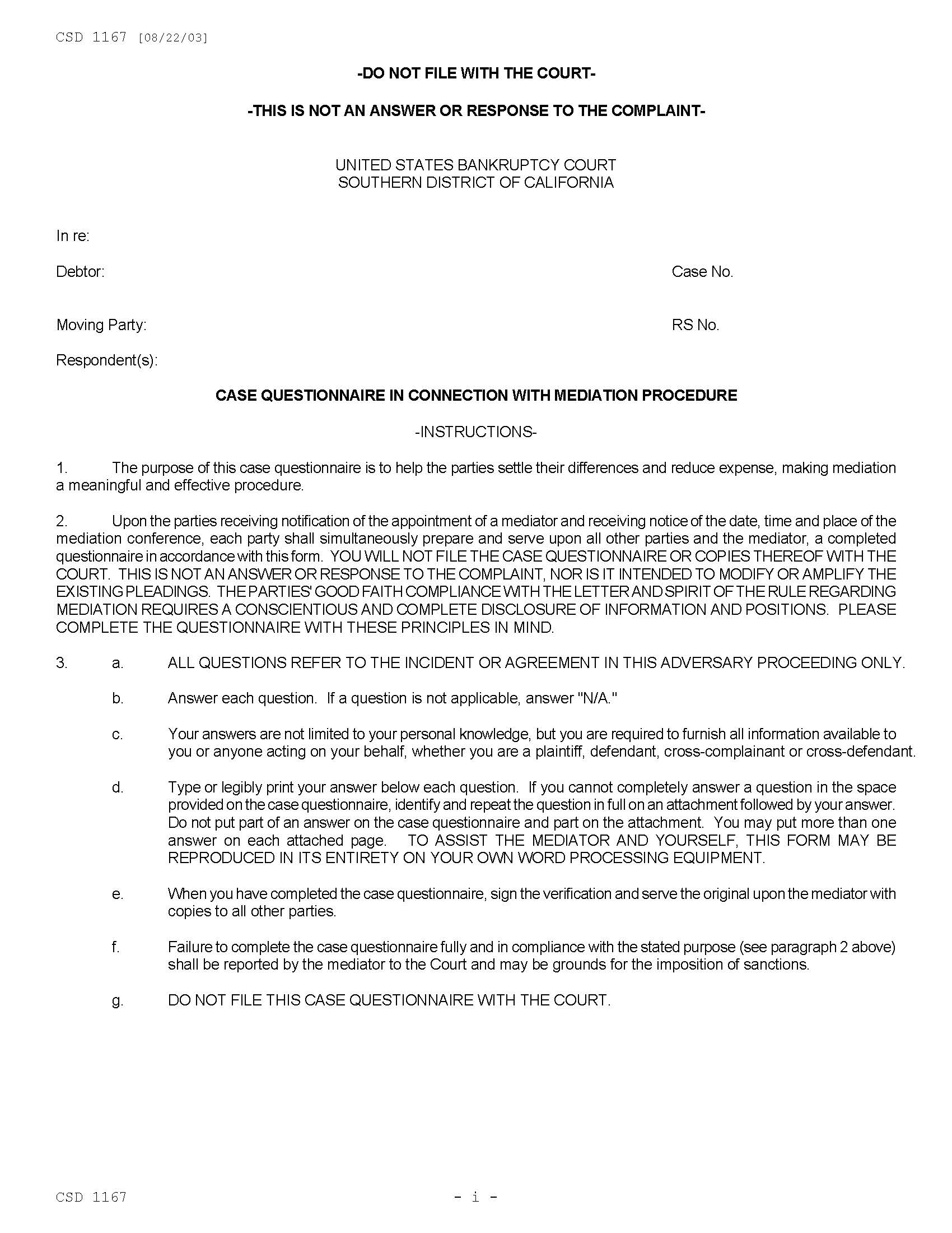 Case Questionnaire In Connection With Mediation Procedure {CSD 1167} | Pdf Fpdf Doc Docx | California