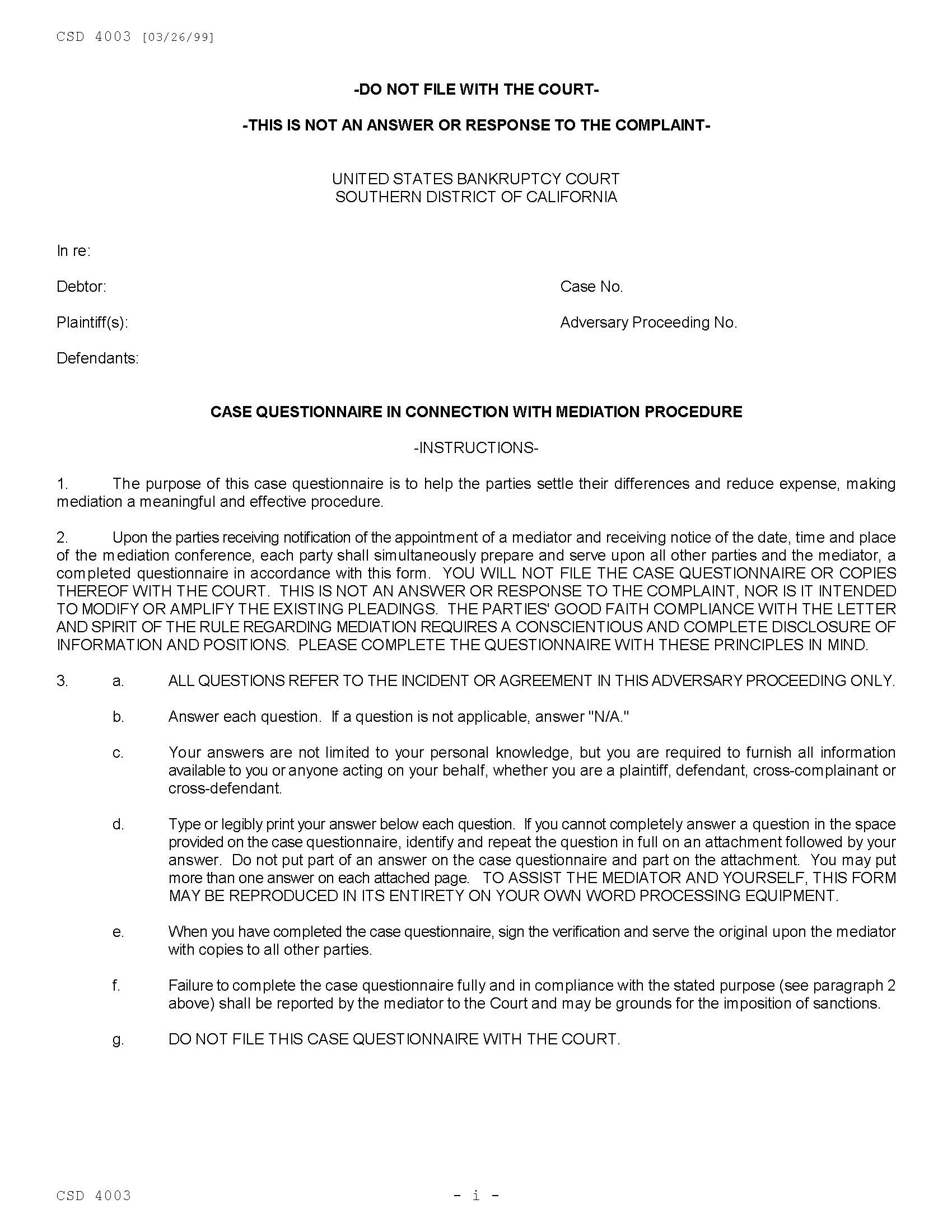 Case Questionnaire In Connection With Mediation Procedure {CSD 4003} | Pdf Fpdf Doc Docx | California