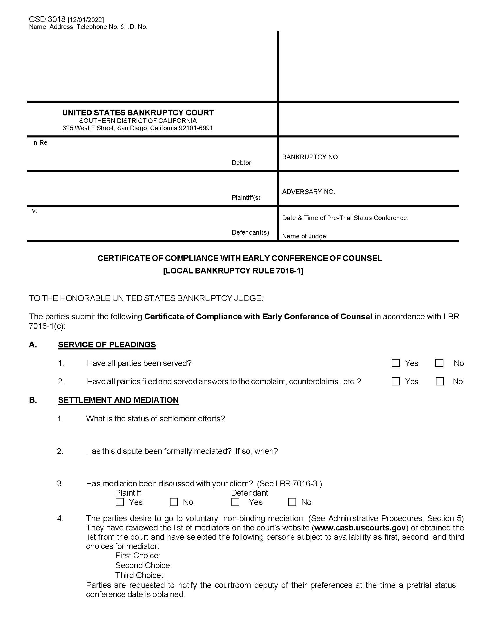 Certificate Of Compliance With Early Conference Of Counsel  {CSD 3018} | Pdf Fpdf Docx | California