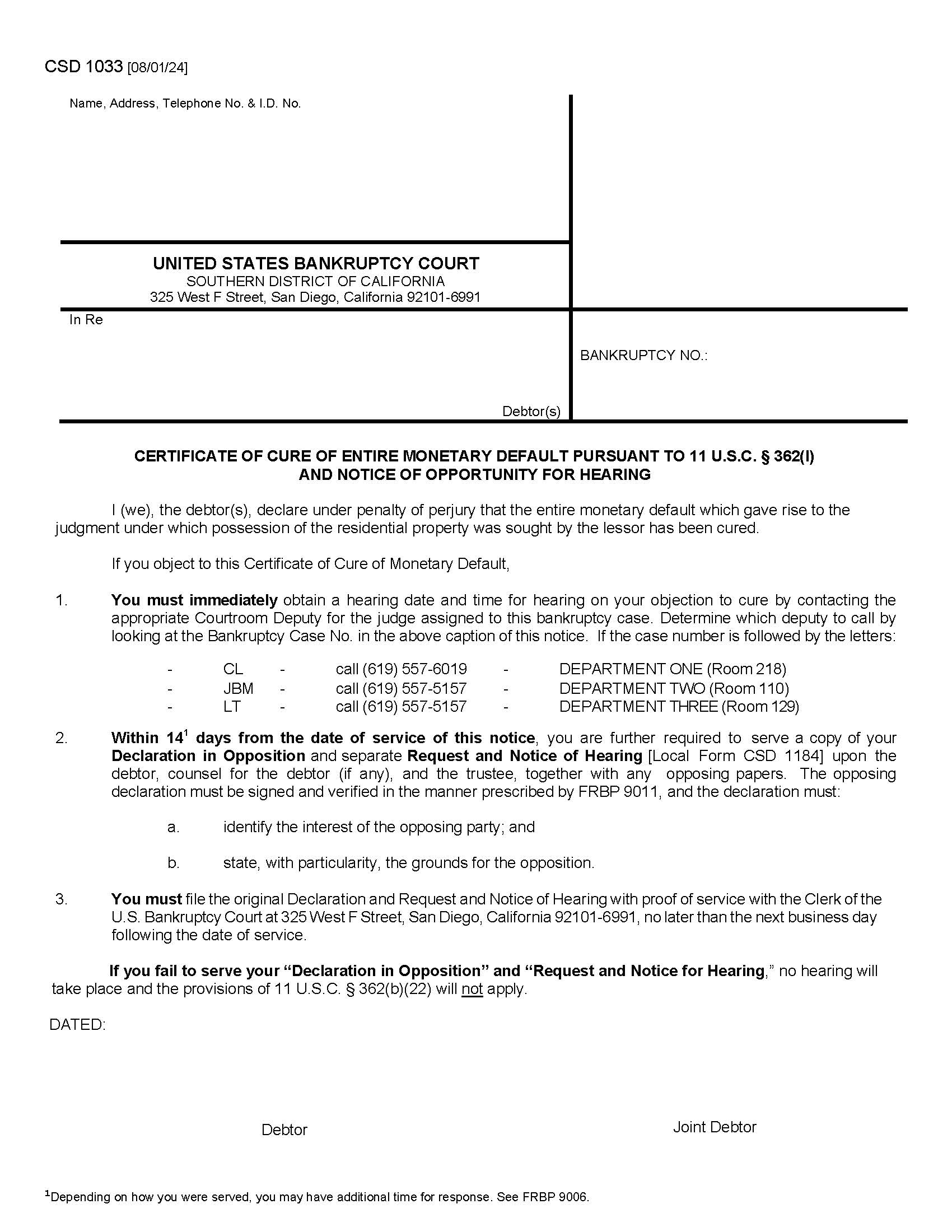 Certificate Of Cure Of Entire Monetary Default Pursuant To 11 USC 362 {CSD 1033} | Pdf Fpdf Docx | California