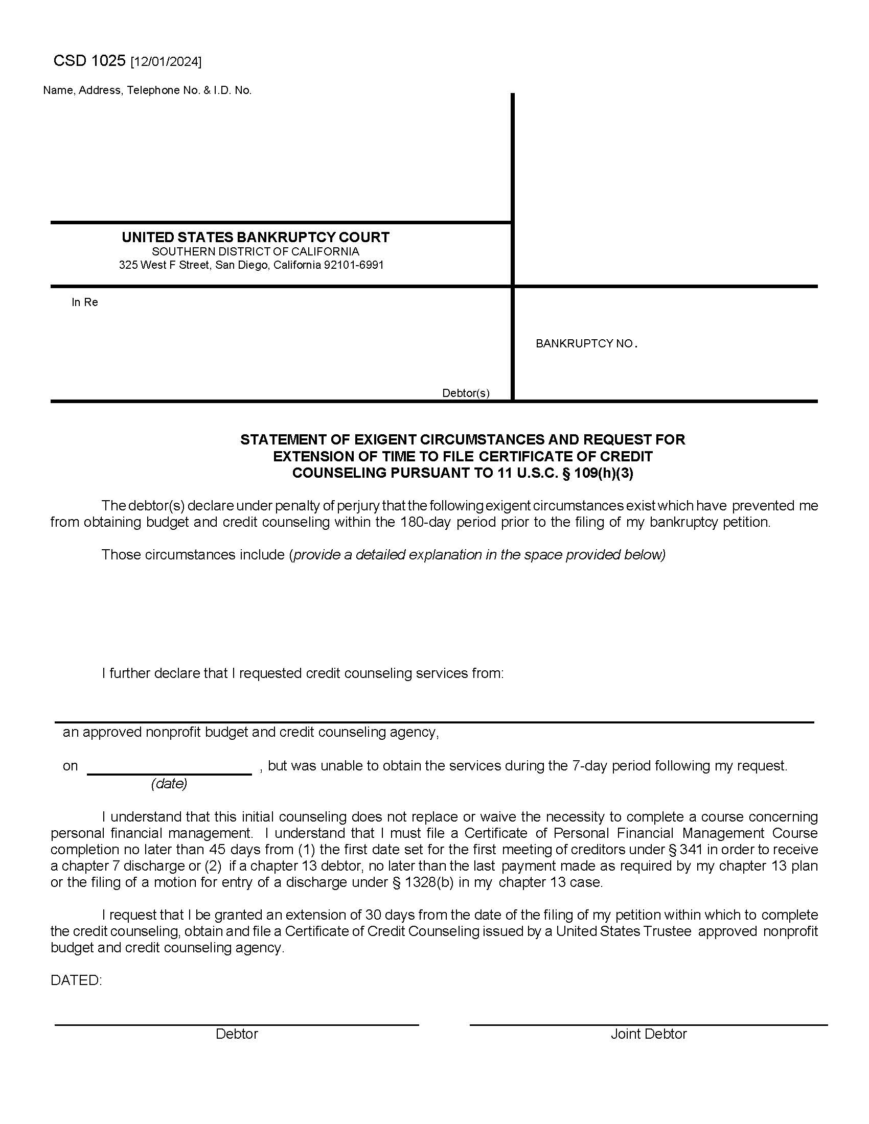 Certificate Of Exigent Circumstances And Motion For Extension Of Time To File {CSD 1025} | Pdf Fpdf Doc Docx | California