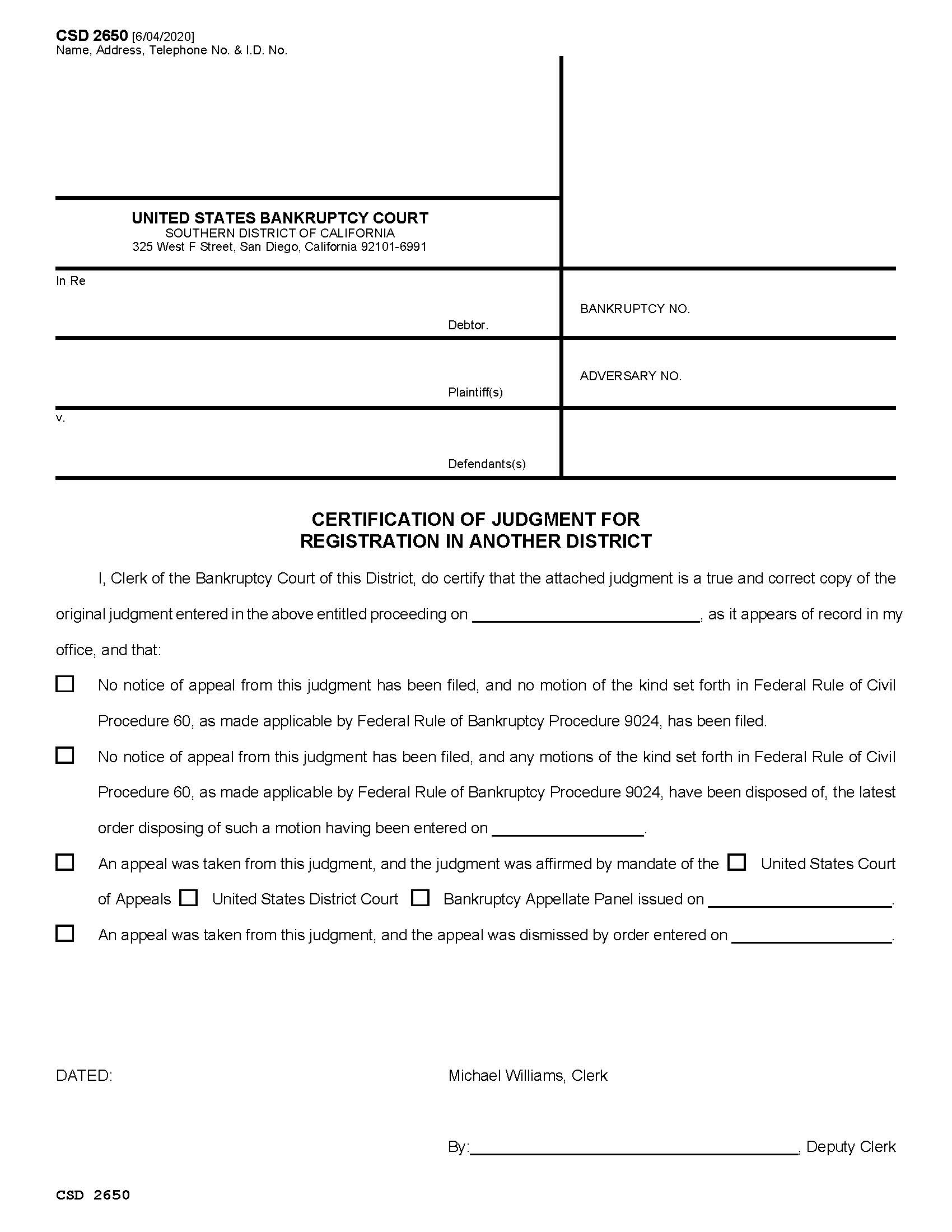 Certification Of Judgment For Registration In Another District {CSD 2650} | Pdf Fpdf Doc Docx | California
