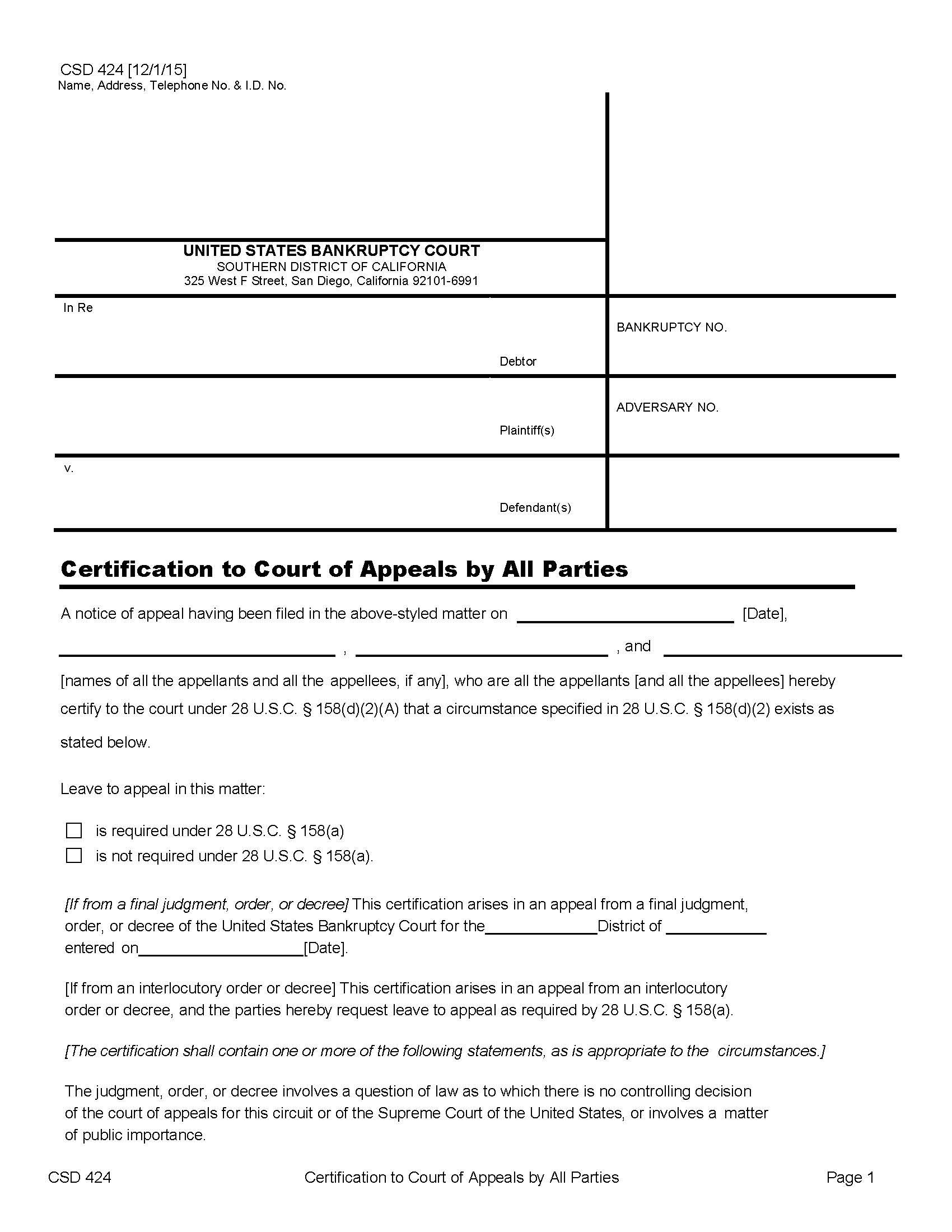 Certification To Court Of Appeals By All Parties {CSD 424} | Pdf Fpdf Doc Docx | California