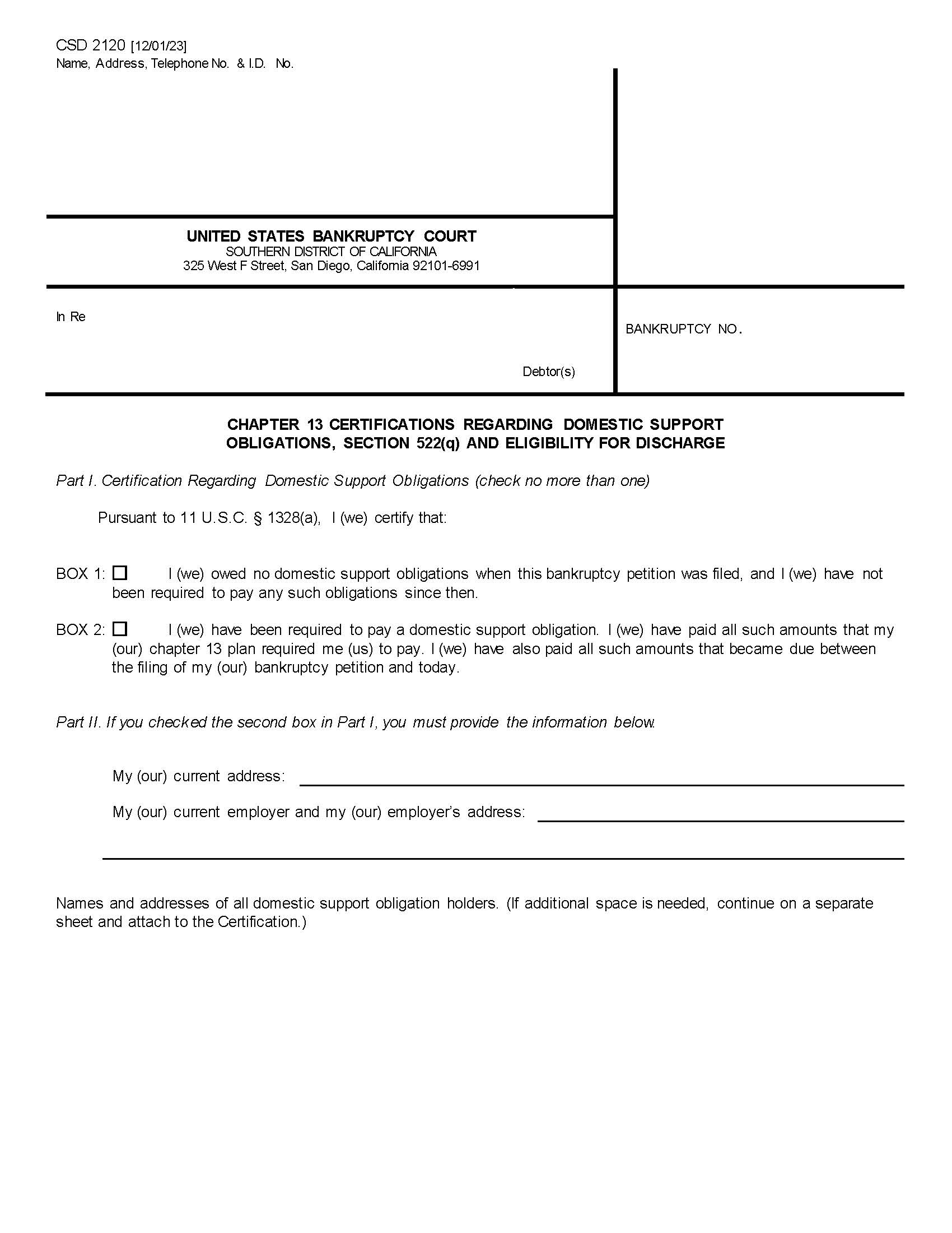 Certifications Regarding Domestic Support Obligations Section 522(q) And Eligibility For Discharge {CSD 2120} | Pdf Fpdf Docx | California
