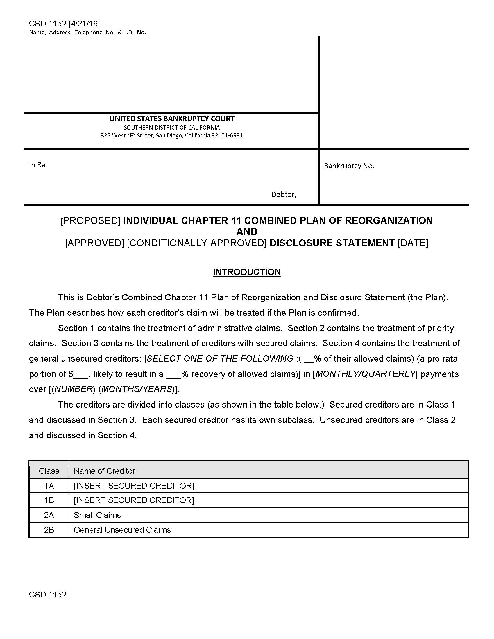 Chapter 11 Individual Combined Plan Of Reorganization And Disclosure Statemen {CSD 1152} | Pdf Fpdf Doc Docx | California