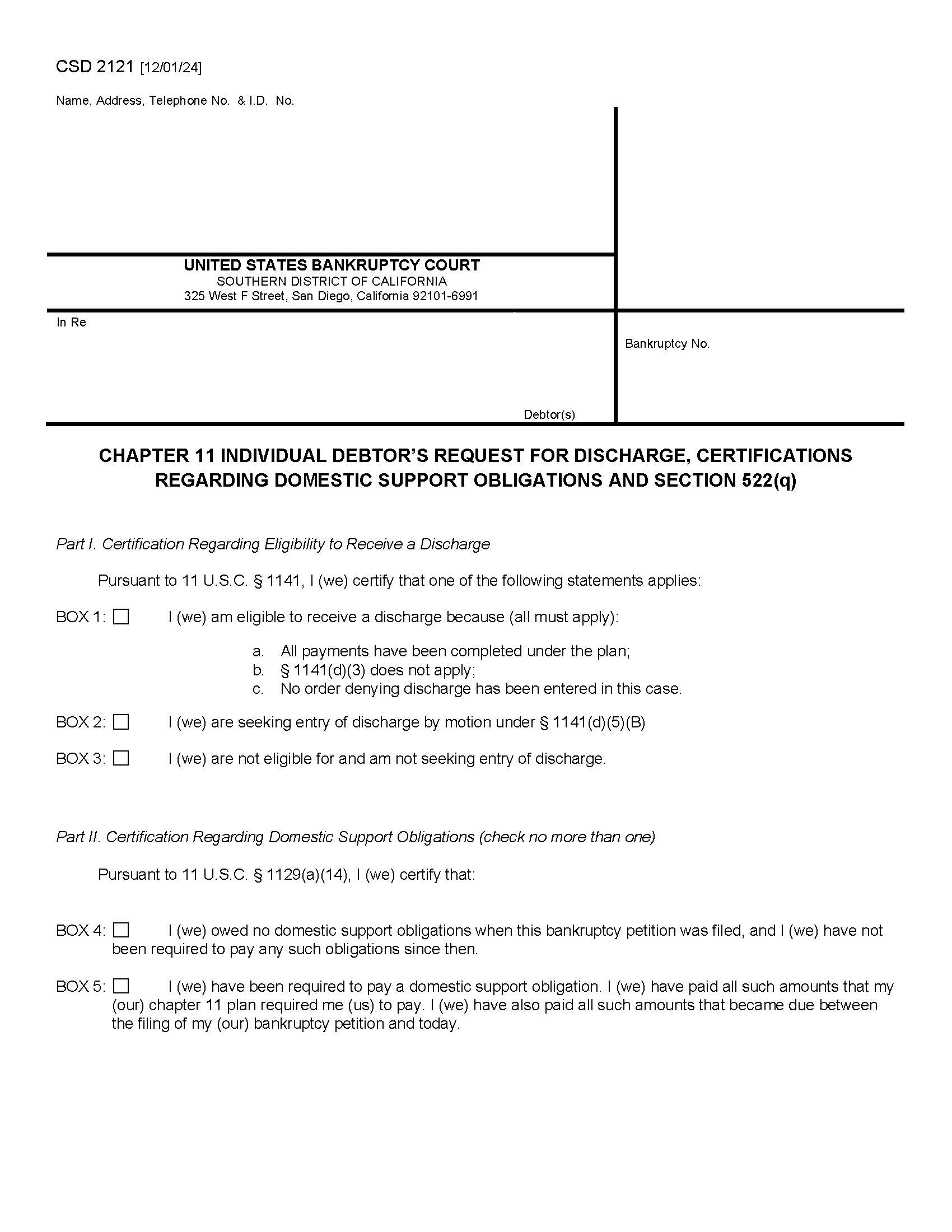 Chapter 11 Individual Debtors Request For Discharge Certifications Regarding Domestic Support {CSD 2121} | Pdf Fpdf Docx | California