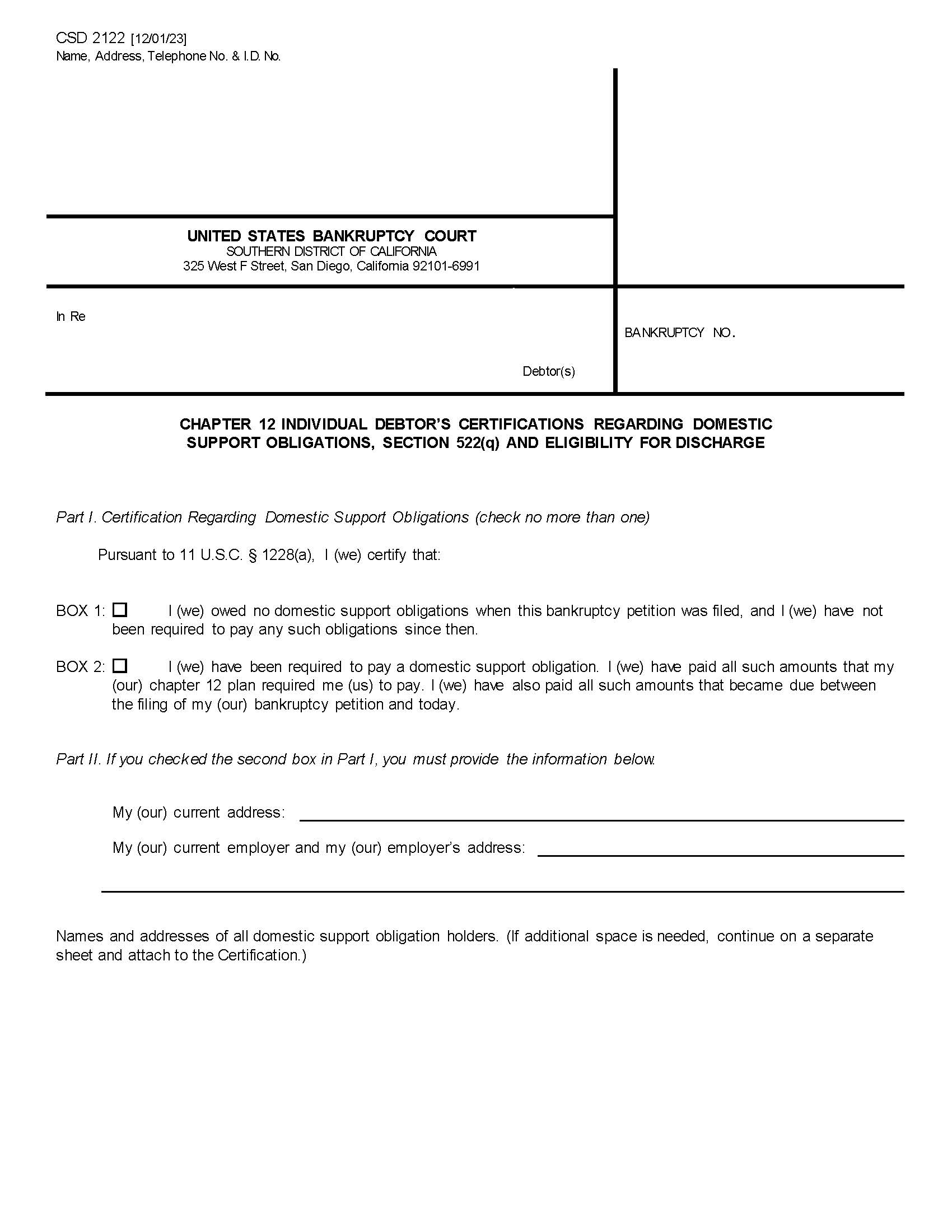 Chapter 12 Individual Debtors Certifications Regarding Domestic Support Obligations {CSD 2122} | Pdf Fpdf Docx | California