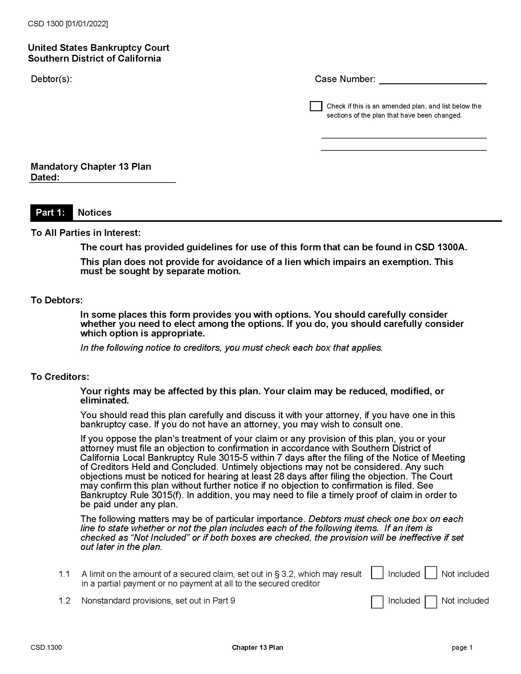 Chapter 13 Plan (Mandatory) {CSD 1300} | Pdf Fpdf Docx | California