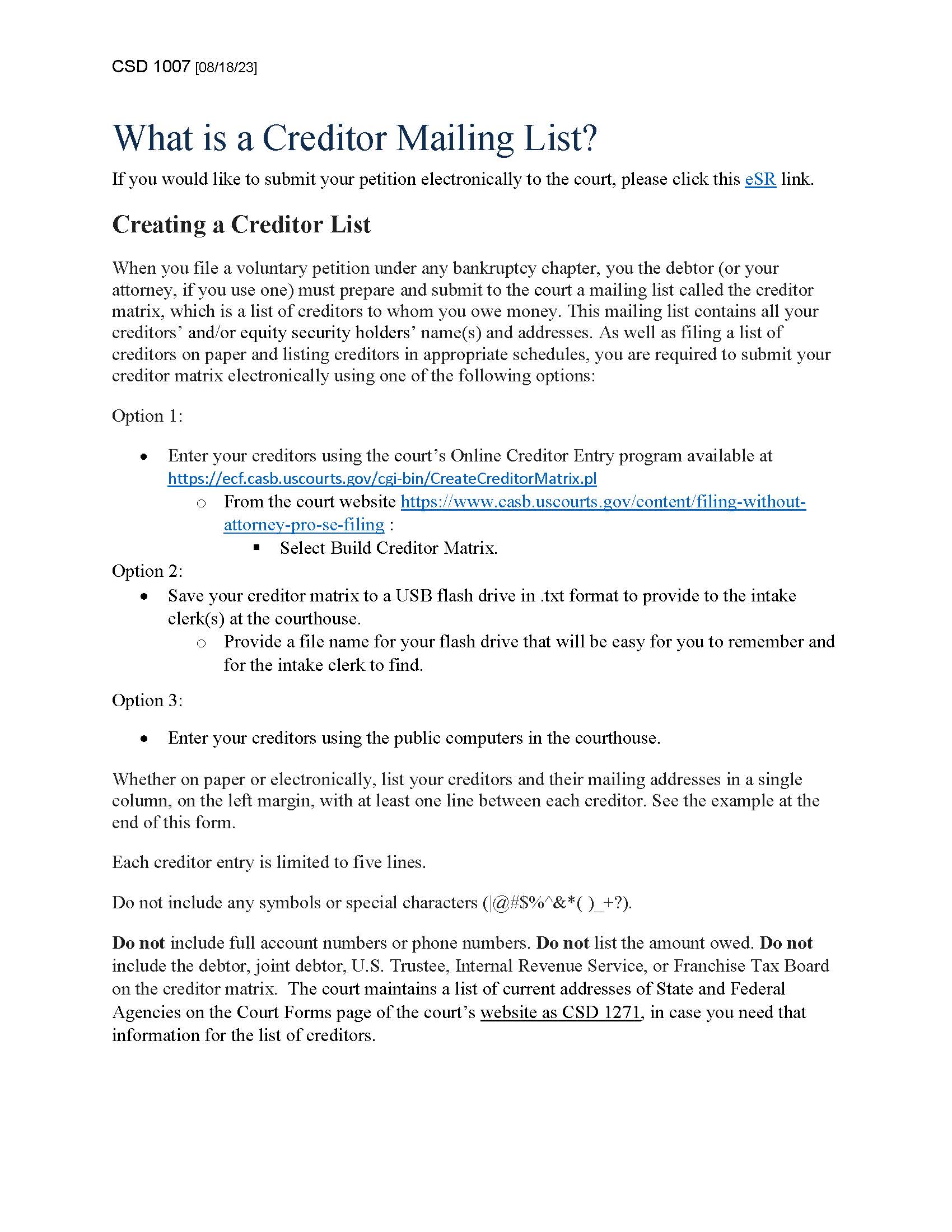 Creditor Matrix Instructions {CSD 1007} | Pdf Fpdf Docx | California