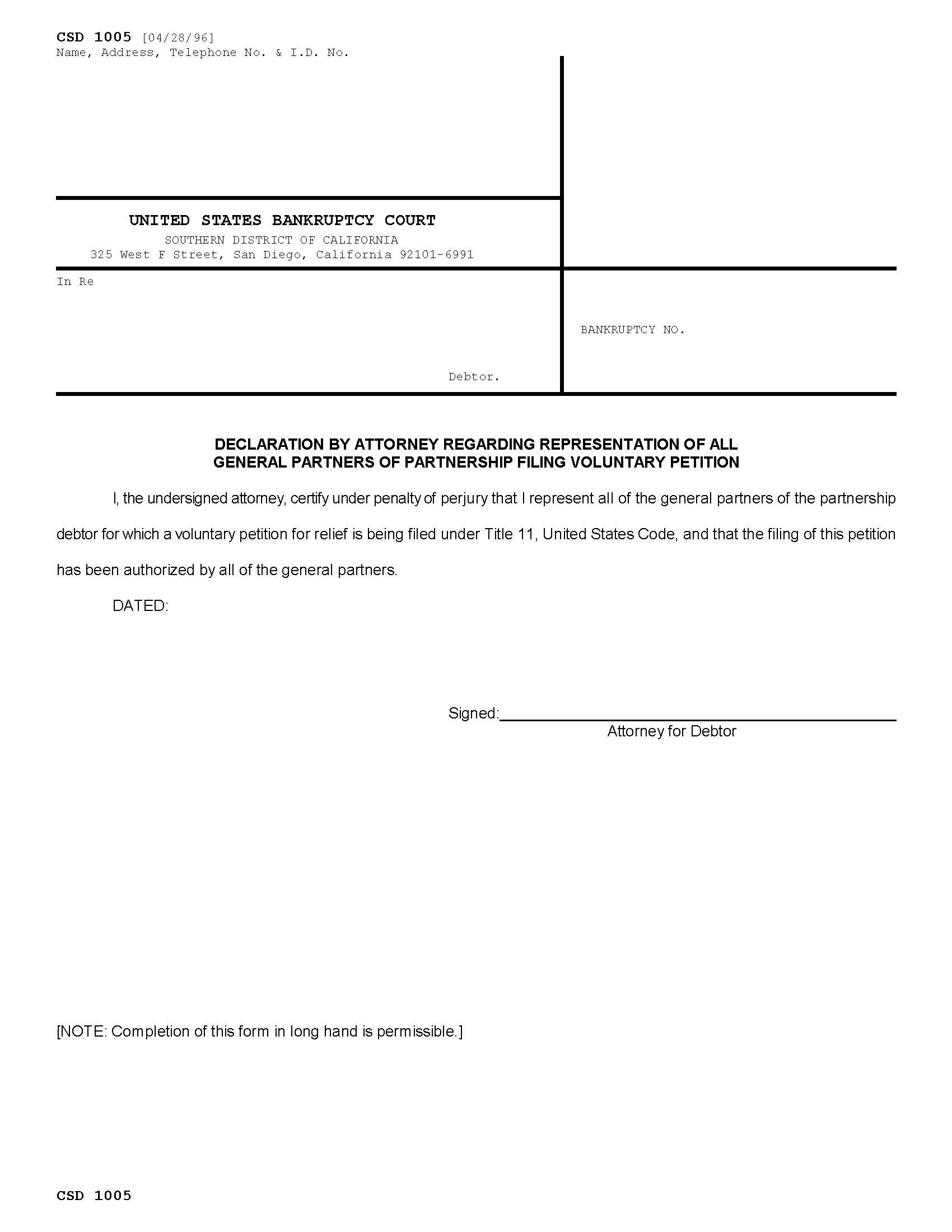 Declaration By Attorney Representation General Partners Filing Voluntary Petition {CSD 1005} | Pdf Fpdf Doc Docx | California