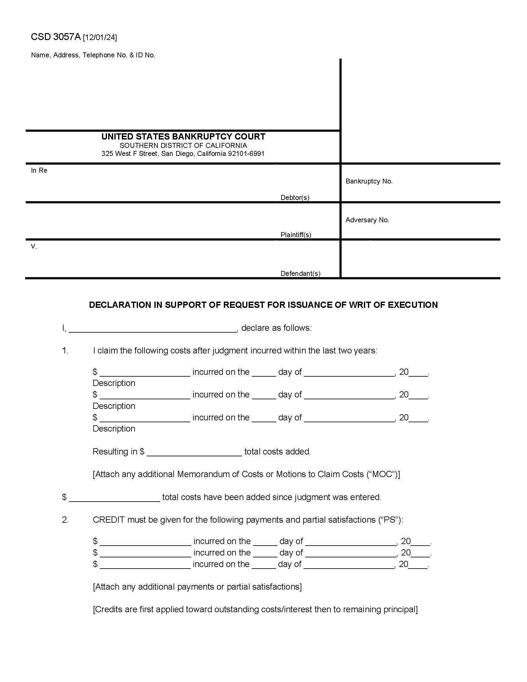 Declaration In Support Of Request For Issuance Of Writ Of Execution {CSD 3057A} | Pdf Fpdf Docx | California