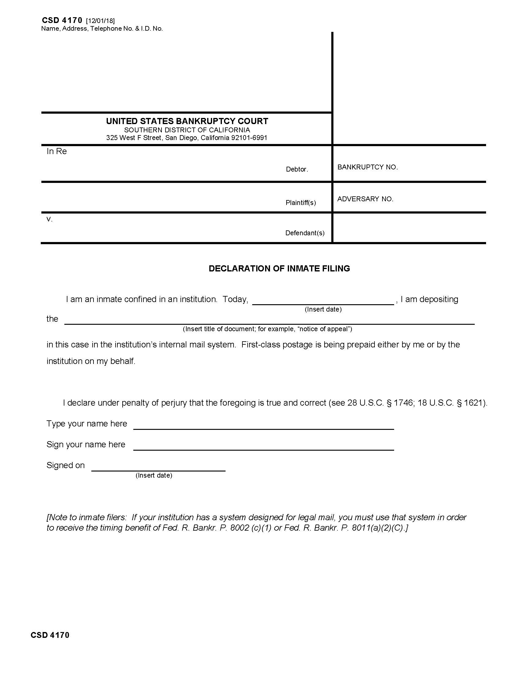 Declaration Of Inmate Filing {CSD 4170} | Pdf Fpdf Docx | California