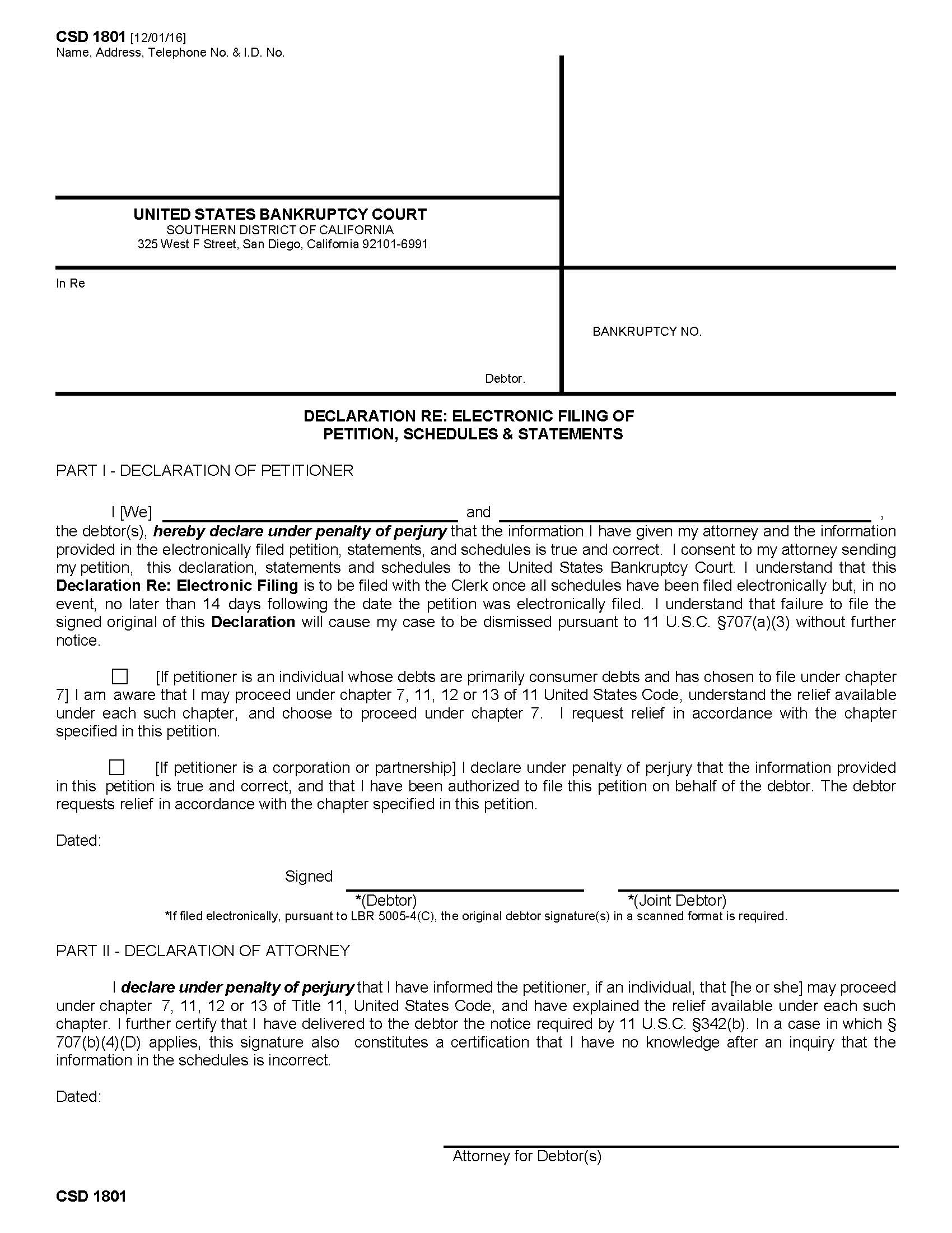 Declaration Re Electronic Filing Of Petition Schedules And Statements {CSD 1801} | Pdf Fpdf Doc Docx | California