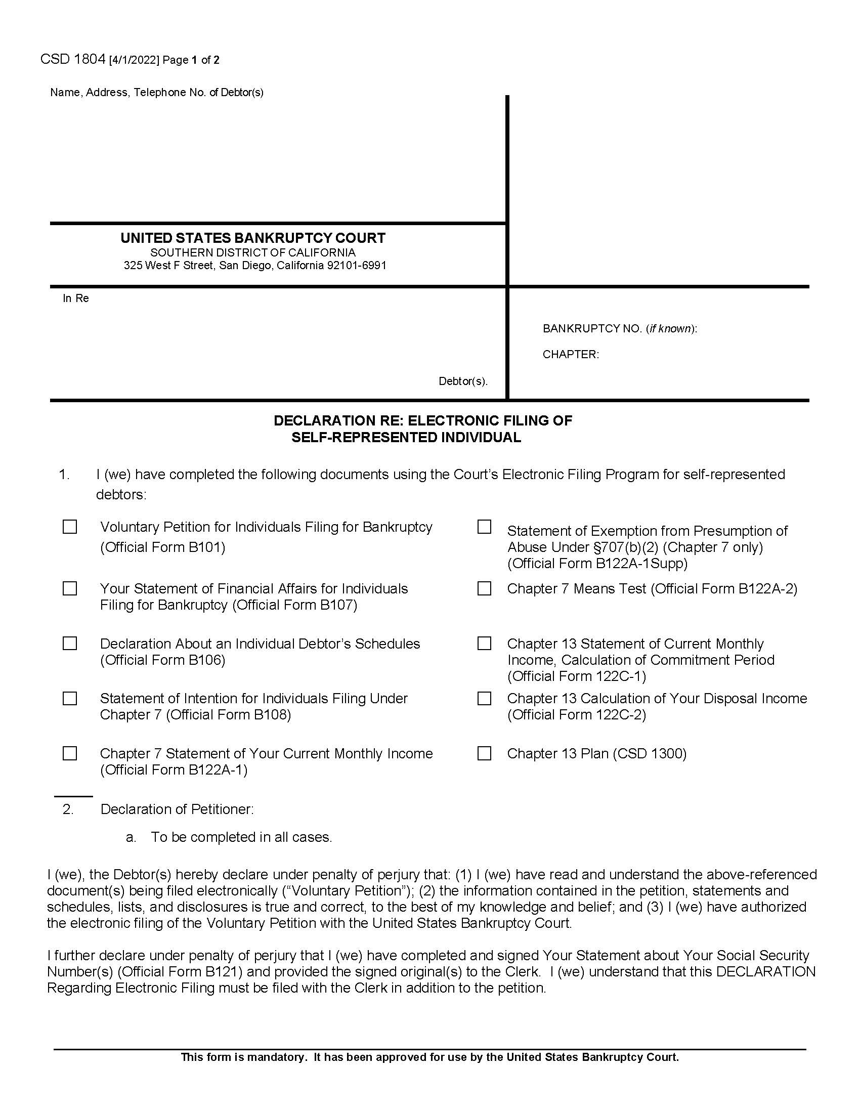 Declaration Regarding Electronic Filing Of Self-Represented Individual {CSD 1804} | Pdf Fpdf Docx | California