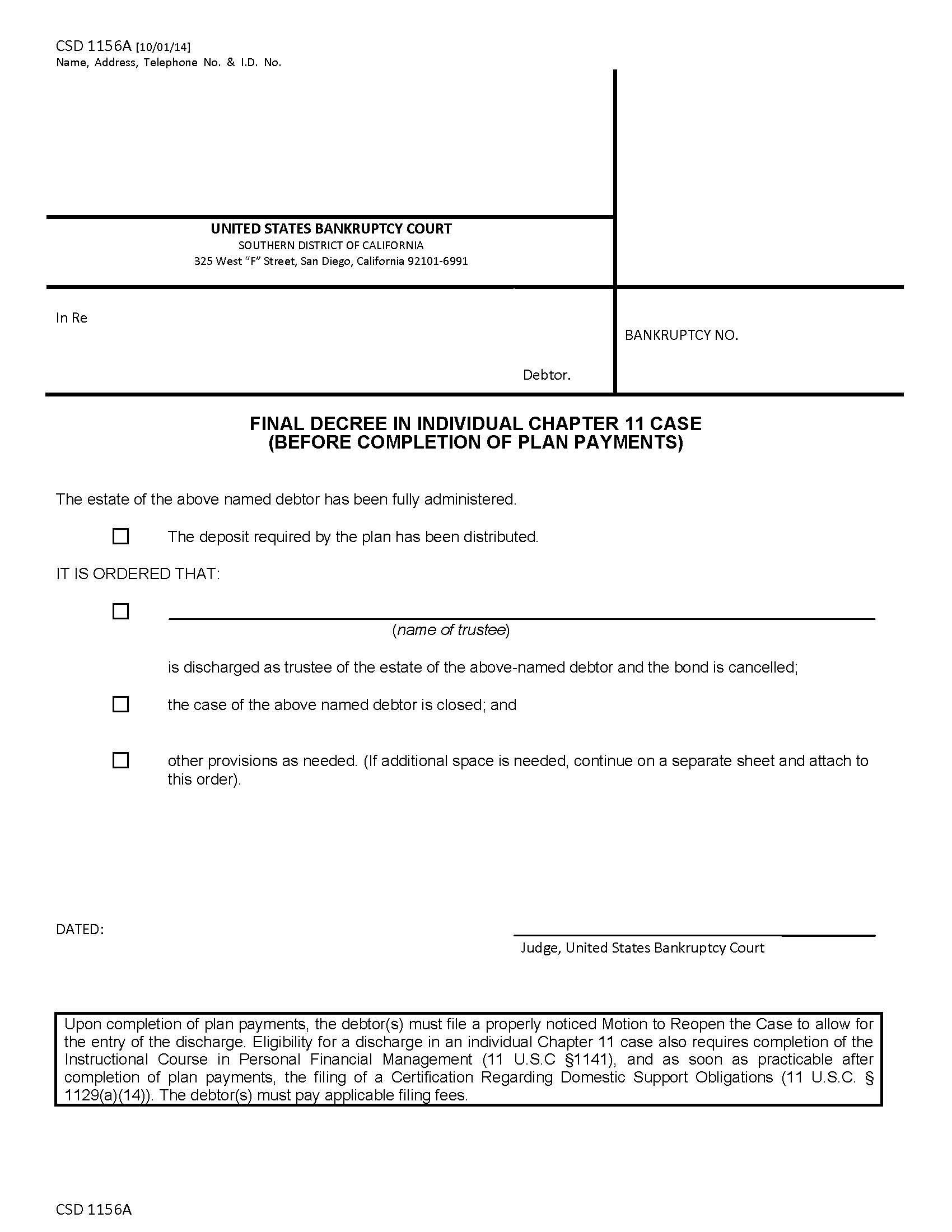 Final Decree In Individual Chapter 11 Case {CSD 1156A} | Pdf Fpdf Doc Docx | California