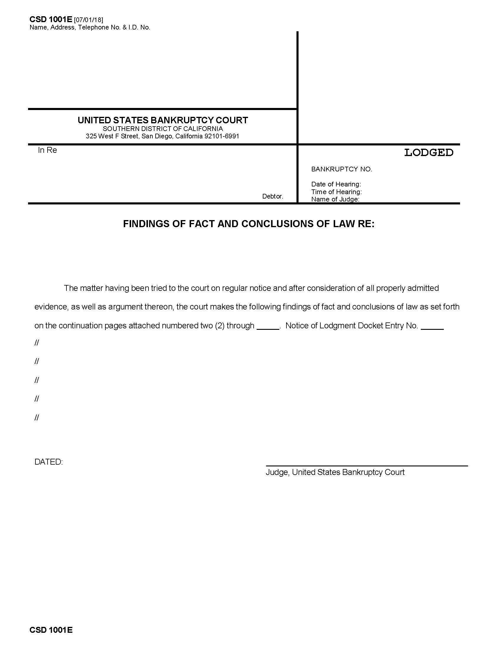 Finding Of Fact And Conclusions Of Law Re (Lodged Template For Cases) {CSD 1001E} | Pdf Fpdf Docx | California