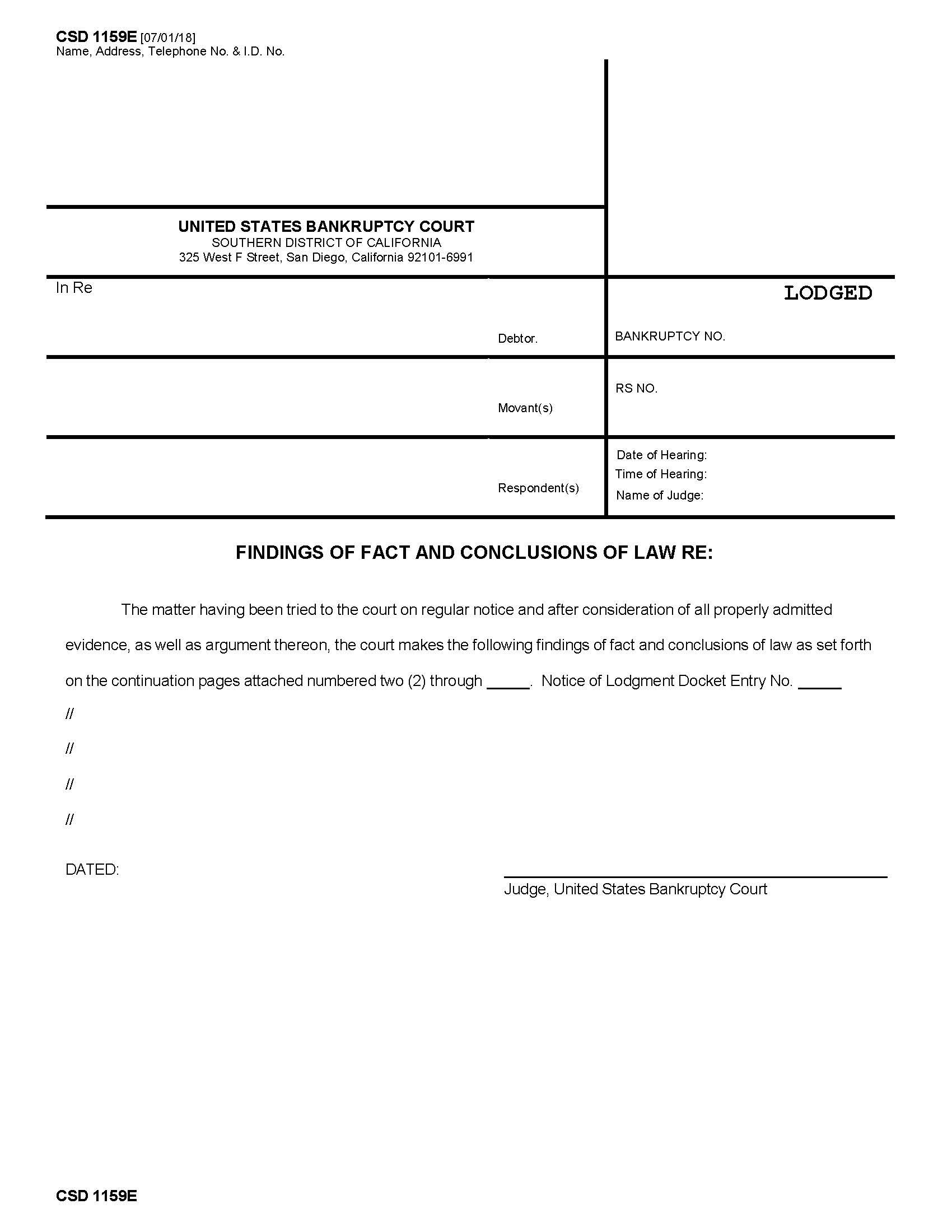 Findings Of Fact And Conclusion Of Law (Lodged) For Relief From Stay {CSD 1159E} | Pdf Fpdf Docx | California