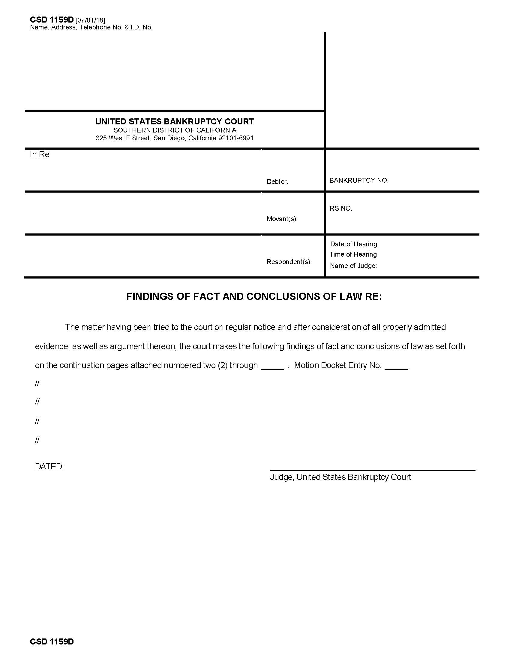 Findings Of Fact And Conclusion Of Law For Relief From Stay {CSD 1159D} | Pdf Fpdf Docx | California