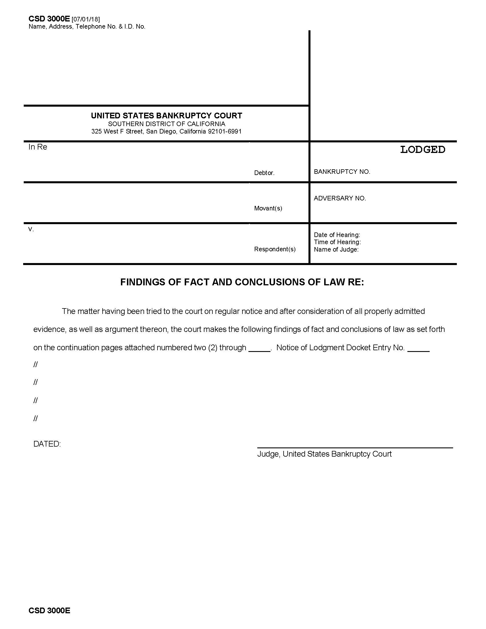 Findings Of Fact And Conclusions Of Law Re (Lodged Template For Adversaries) {CSD 3000E} | Pdf Fpdf Docx | California