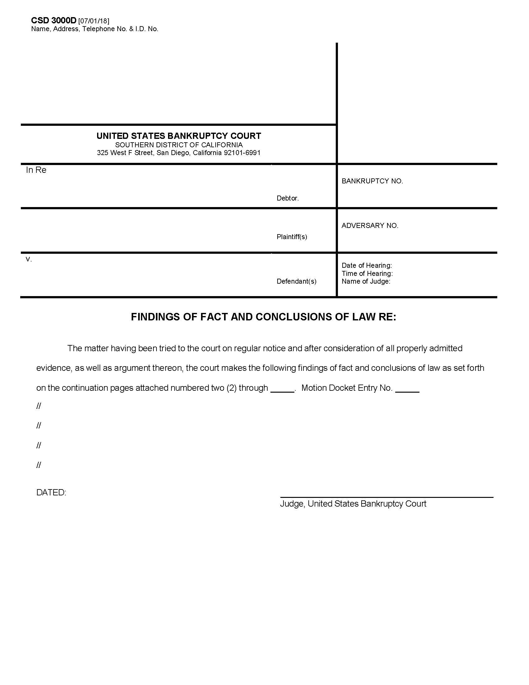 Findings Of Fact And Conclusions Of Law Re (Template For Adversaries) {CSD 3000D} | Pdf Fpdf Docx | California