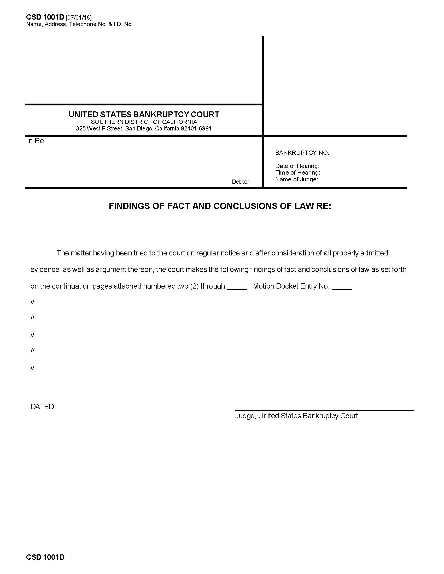 Findings Of Fact And Conclusions Of Law Re (Template For Cases) {CSD 1001D} | Pdf Fpdf Docx | California