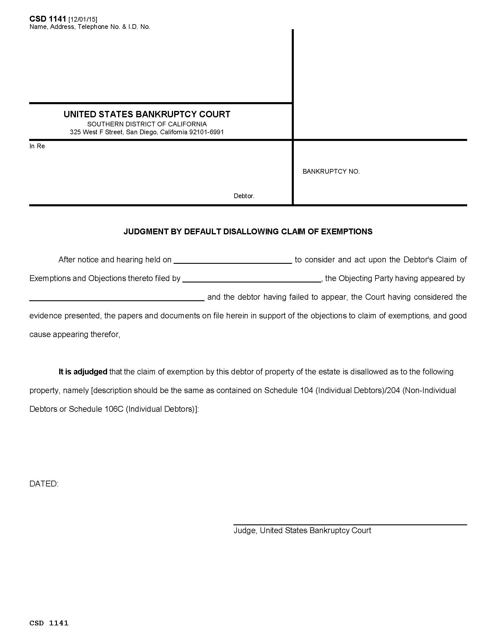 Judgment By Default Disallowing Claim Of Exemptions {CSD 1141} | Pdf Fpdf Doc Docx | California