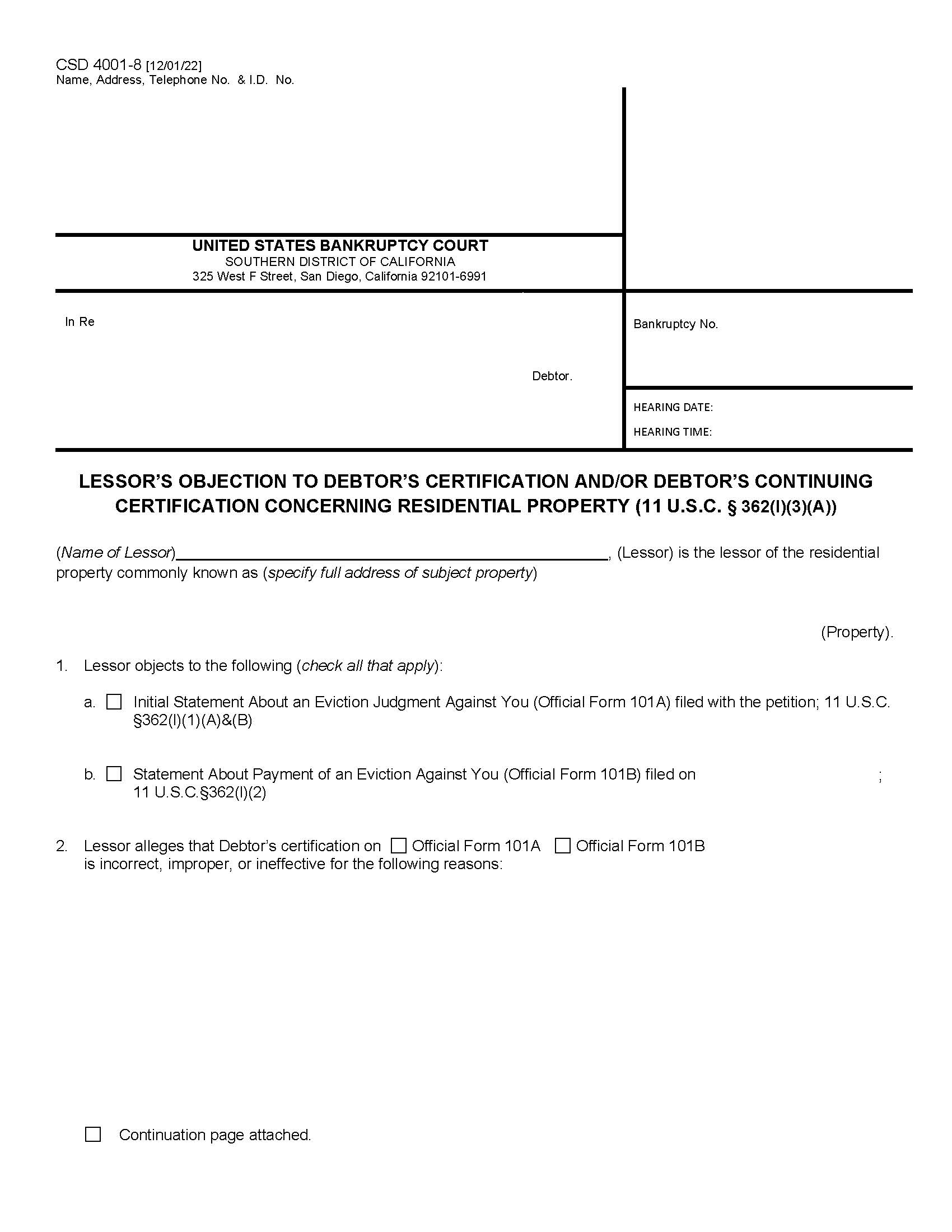 Lessors Objection To Debtors Certification And-Or Debtors Continuing Certification {CSD 4001-8} | Pdf Fpdf Docx | California